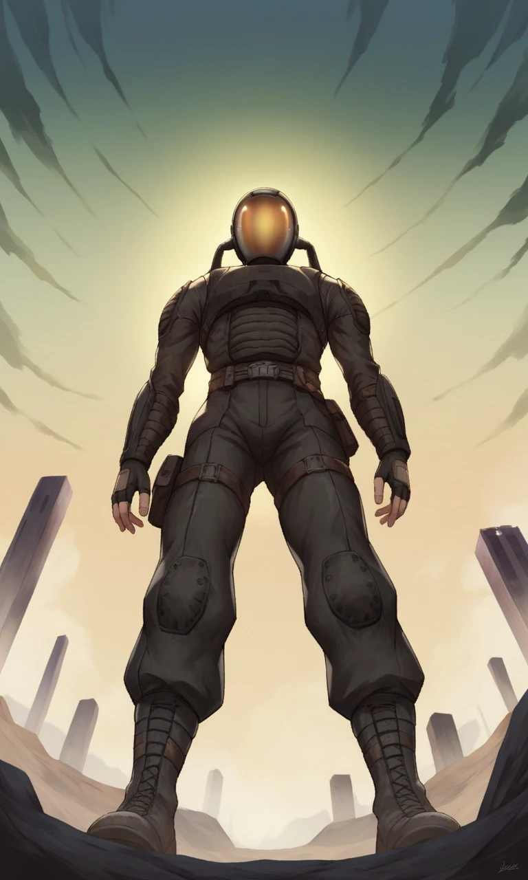 anime artwork score_9, score_8_up, score_7_up, score_6_up, BREAK source_anime, soft lineart, 1boy, view from below, glavakolhoza_sevasuit, sci-fi suit, helmet, standing, relaxed pose, post-apocalyptic landscape, post-apocalyptic city, <lora:glavakolhoza_sevasuit:0.7>, looking down at viewer . anime style, key visual, vibrant, studio anime, highly detailed