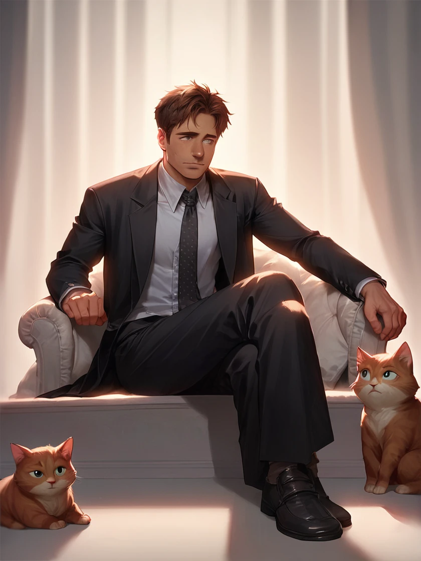 score_9, score_8_up, score_7_up,  source_cartoon, cartoon,
foxmulder, man, short hair, brown hair, soft light, black suit, tie, surrounded by cats, sitting,
<lora:FoxMulderPonyXL:1>