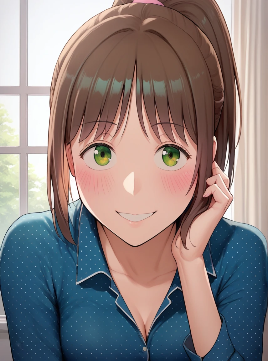 score_9,score_8_up,score_7_up, source_anime,  looking at viewer, blush, smile, 1girl,   <lora:Soohyun_-_Sexercise_PDXL:1> fwsoohyun, medium breasts, ponytail, blue pajamas, polka dot