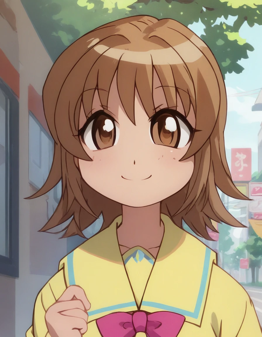 <lora:Smooth Anime 2 Style SDXL_LoRA_Pony Diffusion V6 XL:0.8> score_9, score_8_up, score_7_up, score_6_up, score_5_up, score_4_up, source_anime, BREAK, <lora:Momose Kurumi PONY:1> 1girl, momose kurumi, brown hair, brown eyes, yellow school uniform, solo, smile