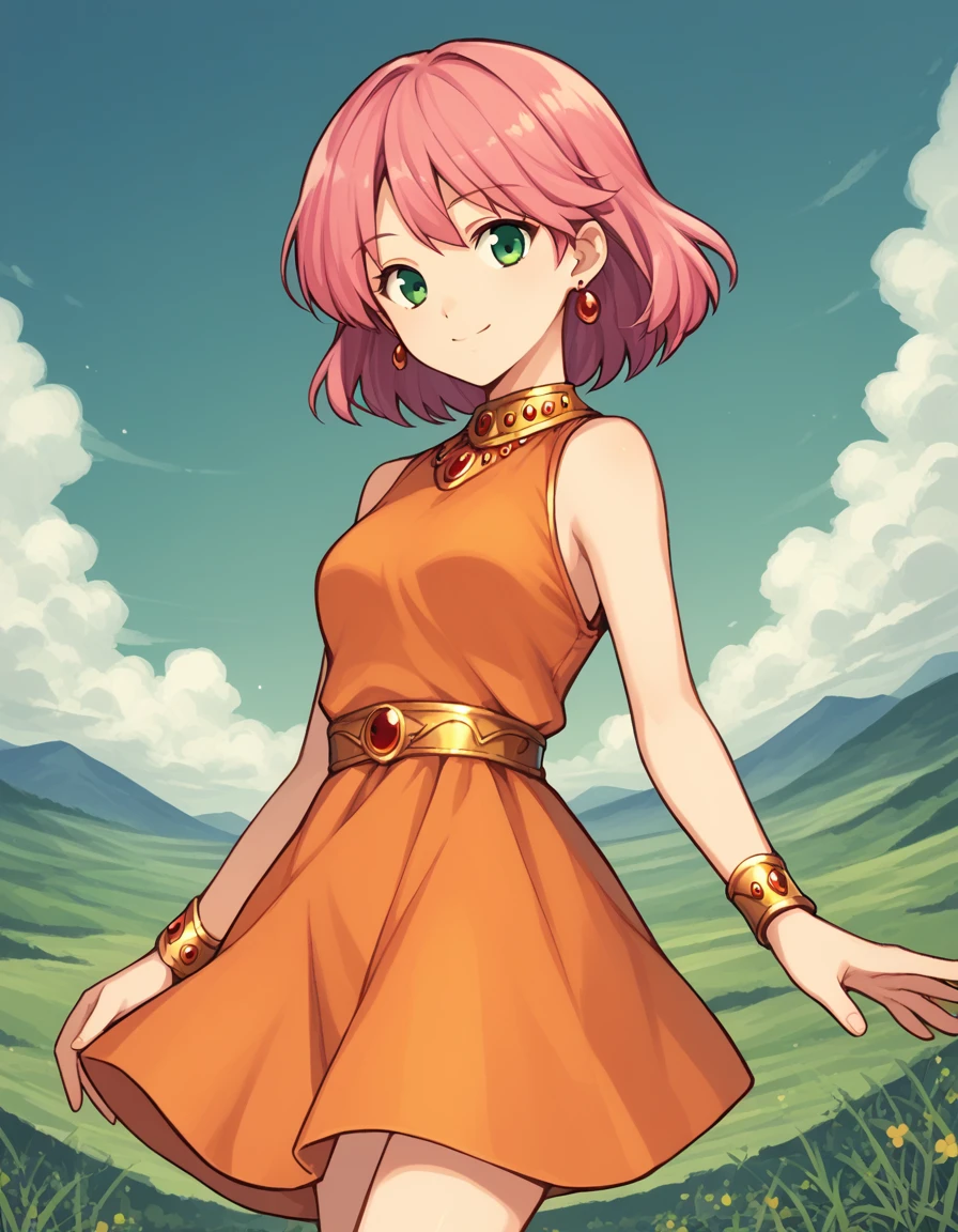 score_9, score_8_up, score_7_up, source_anime,
lennacharlottetycoon, <lora:lenna-charlotte-tycoon-ponyxl-lora-nochekaiser:1>,
short hair, green eyes, pink hair,
normlenna, dress, jewelry, earrings, sleeveless, bracelet, orange skirt, orange shirt, orange dress,
outdoors, landscape, smile,
looking at viewer, solo, cowboy shot, dutch angle,
