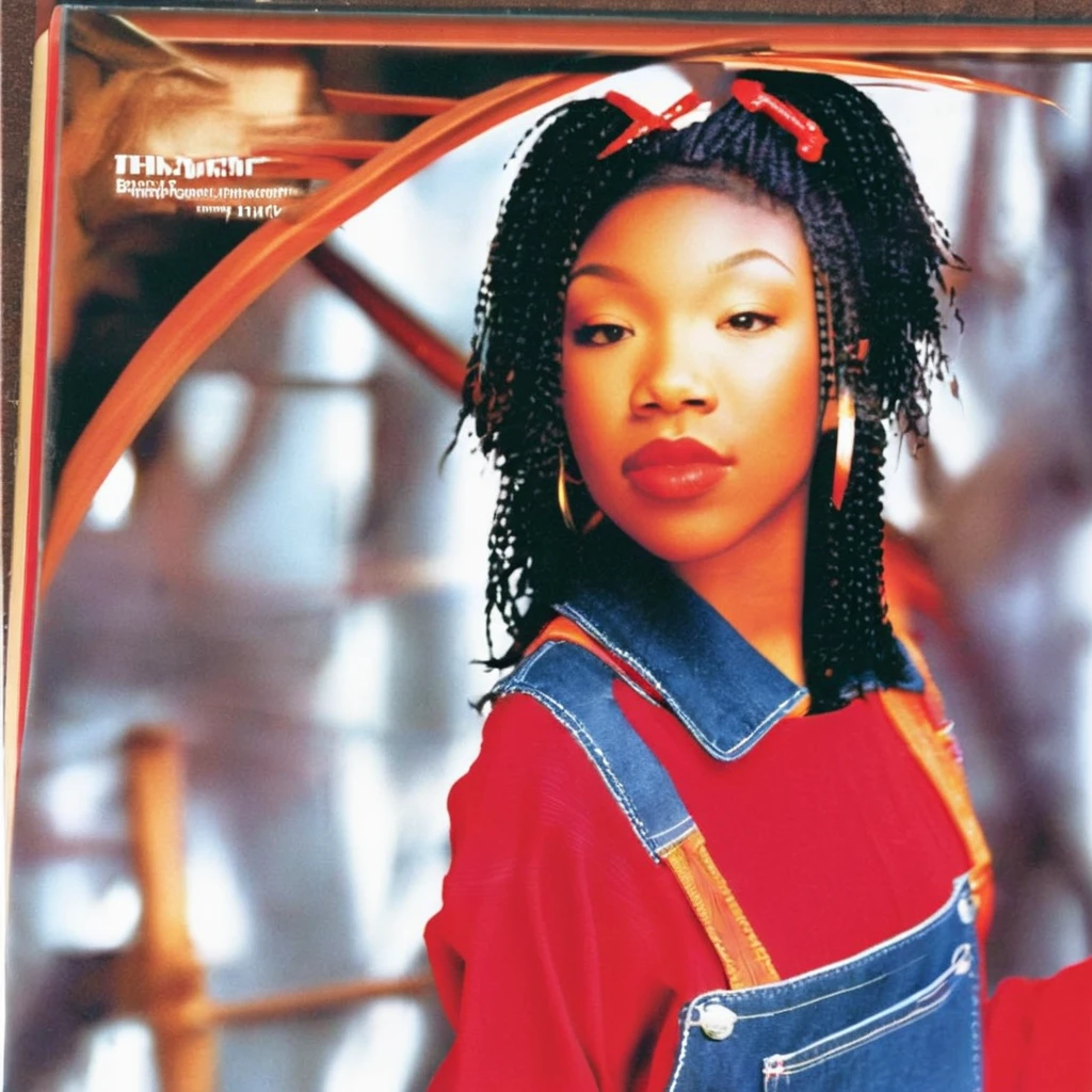 a 1995s album cover, with a photo of brndi, <lora:brndiXL:1> brndi, brndi close up, brndi , ((album cover title: "Brandy":1)) ((depth of field:1)), brndi in focus,, wearing red overalls ,,