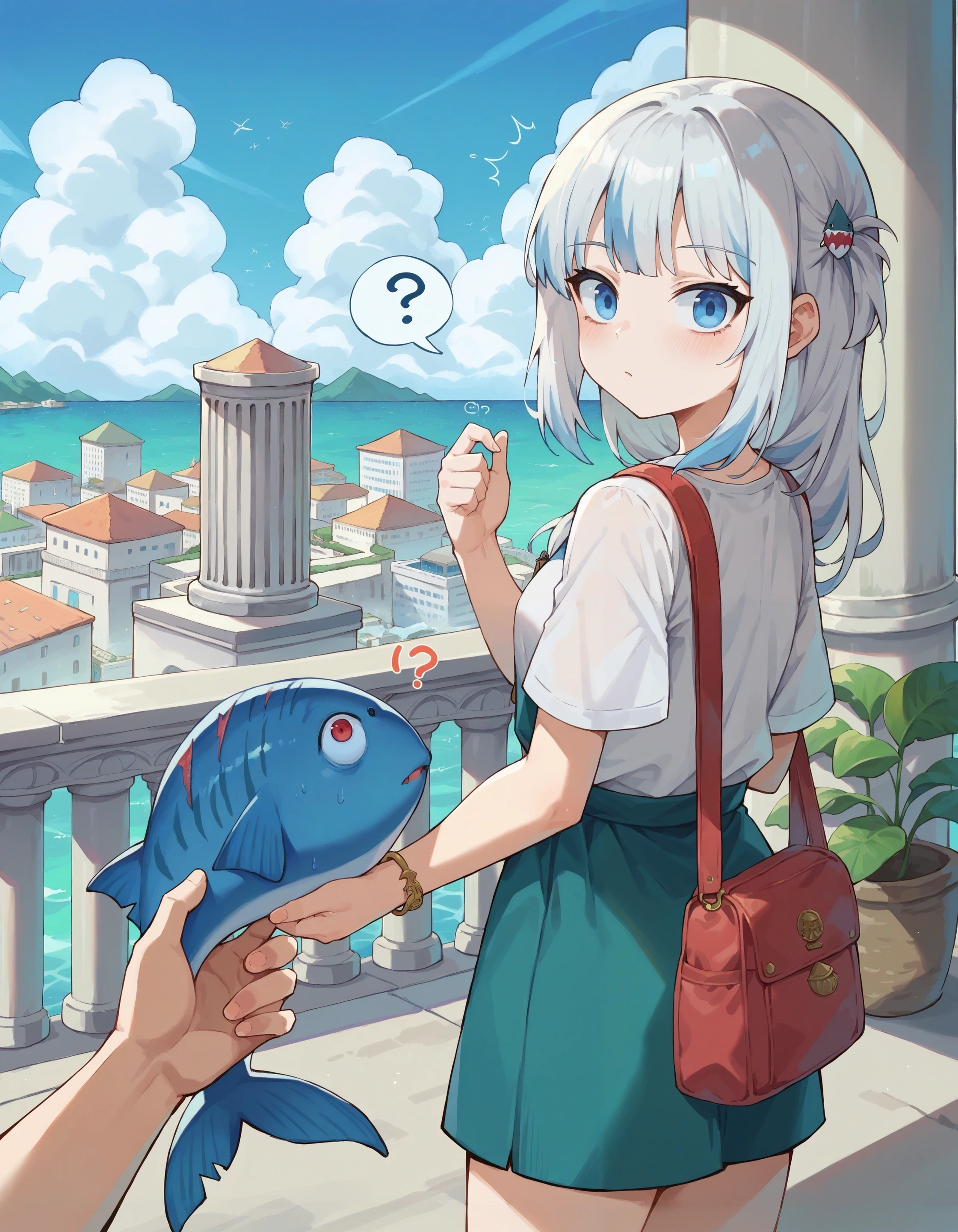 score_9, score_8_up, score_7_up,
povhldg fish, holding fish,
1girl, pitvinm, blue eyes, ?, confused, shoulder bag, hair ornament, looking at viewer, light blush,
atlantis, greece, pillar, cloudy sky, city,
<lora:concept_povholding-pony-v2:1>