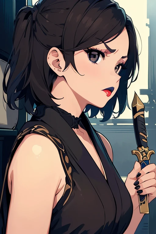 (((masterpiece,best quality,ultra-detailed))),(Japan Anime style, illustration:1.36),bishoujo,1girl,solo,(((Highly-detailed eyes,black eyes,black Iris))),(eyeliner,eyelashes,eyeshadow,lips,random_color_lipstick,random_color_nail_polish,makeup),((Dark brown Hair,slicked Back hair,side view up,Looking At Food,top down,Followspot lighting,Trolling,holding_dagger,Annoyed,)),<lora:BlackScleraSlider_v1:1>,