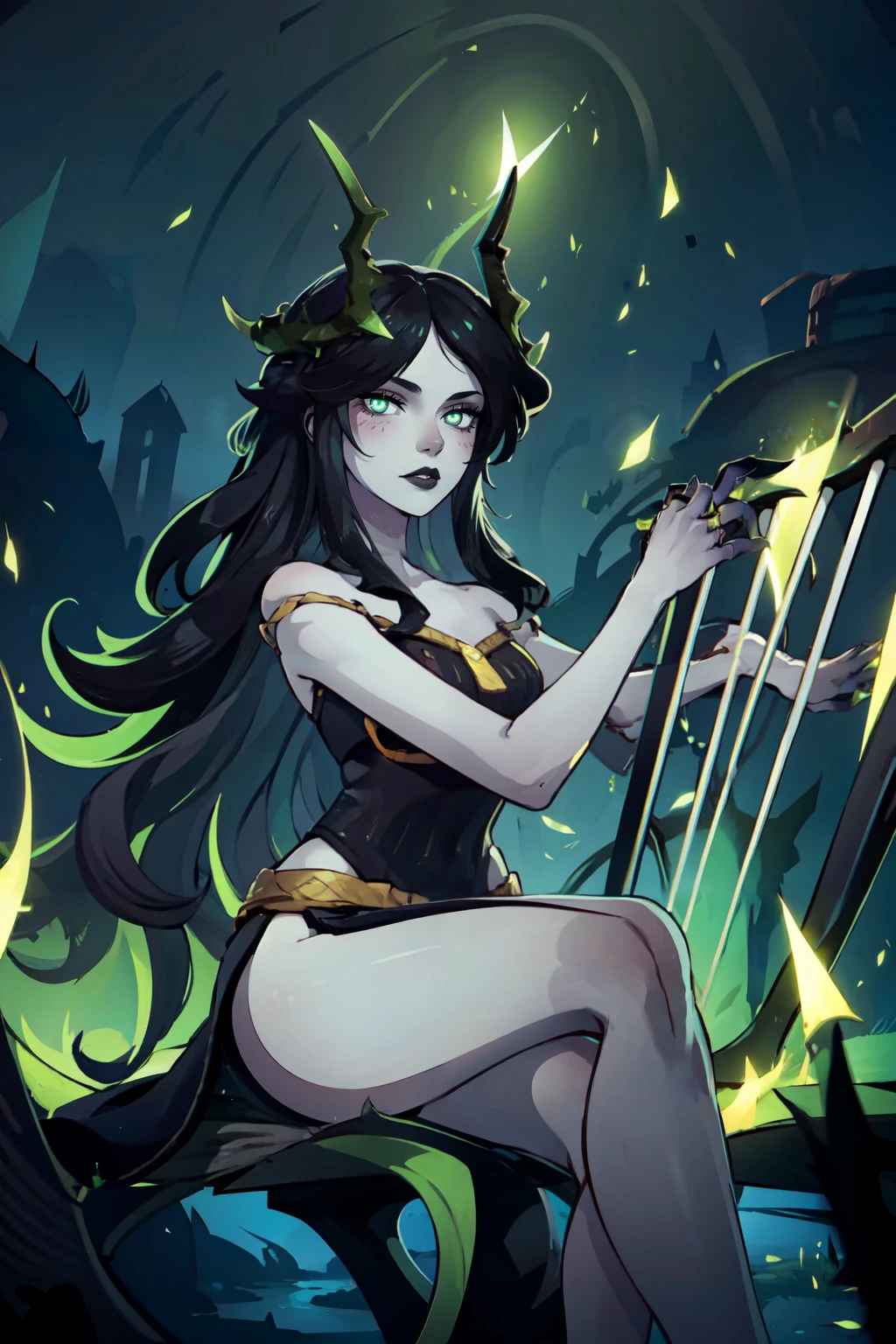 ((masterpiece,best quality)), absurdres, <lora:CeciaAFK_v1:0.6>, CeciaAFK, green eyes, horns, grey skin, black lips, colored skin, black hair, pale skin, long hair, bare shoulders, sitting, black dress, instrument, harp, thigh, claw, magic, green glow, side slit , looking at viewer, sitting, green glow, leaning forward,