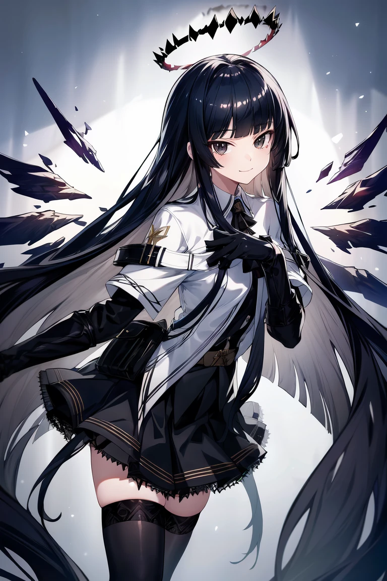 <lora:virtuosa:0.7>,1girl,solo,long hair,bangs,black hair,looking at viewer,very long hair,gloves,black gloves,halo,blunt bangs,closed mouth,wings,black skirt,black eyes,thighhighs,white shirt,best quality,masterpiece,absurdres,highres,smile,<lora:add_detail:0.6>,