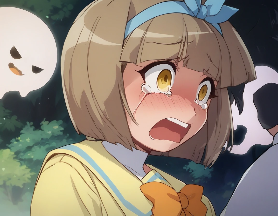 <lora:Smooth Anime 2 Style SDXL_LoRA_Pony Diffusion V6 XL:0.8> score_9, score_8_up, score_7_up, score_6_up, score_5_up, score_4_up, source_anime, BREAK, <lora:Yuzuko Kurusu PONY:1> 1girl, yuzuko kurusu, brown hair, short hair, hairband, yellow eyes, yellow school uniform, in a haunted house, ghosts, scared, tears
