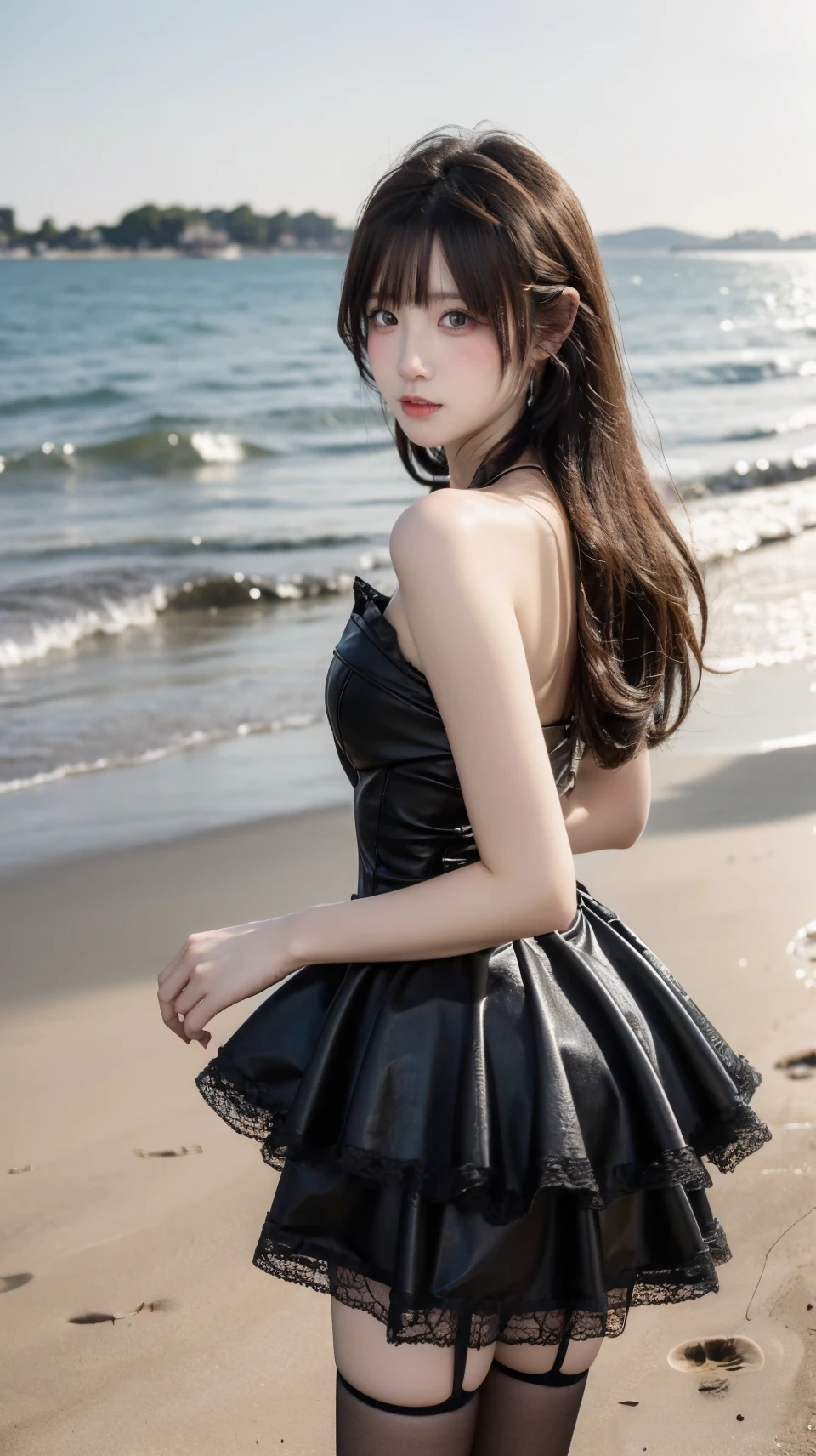masterpiece,best quality,bright colors,solo,photo_,(1girl:1.3),(standing:1.3),(looking at viewer:1.4),Elegant,detailed gorgeous face,(cowboy shot:1.4),realistic,dappled sunlight,(seaside background:1.4),sun,,MIS,lace,black dress,leather,black thighhighs,<lora:MIS43:0.75>