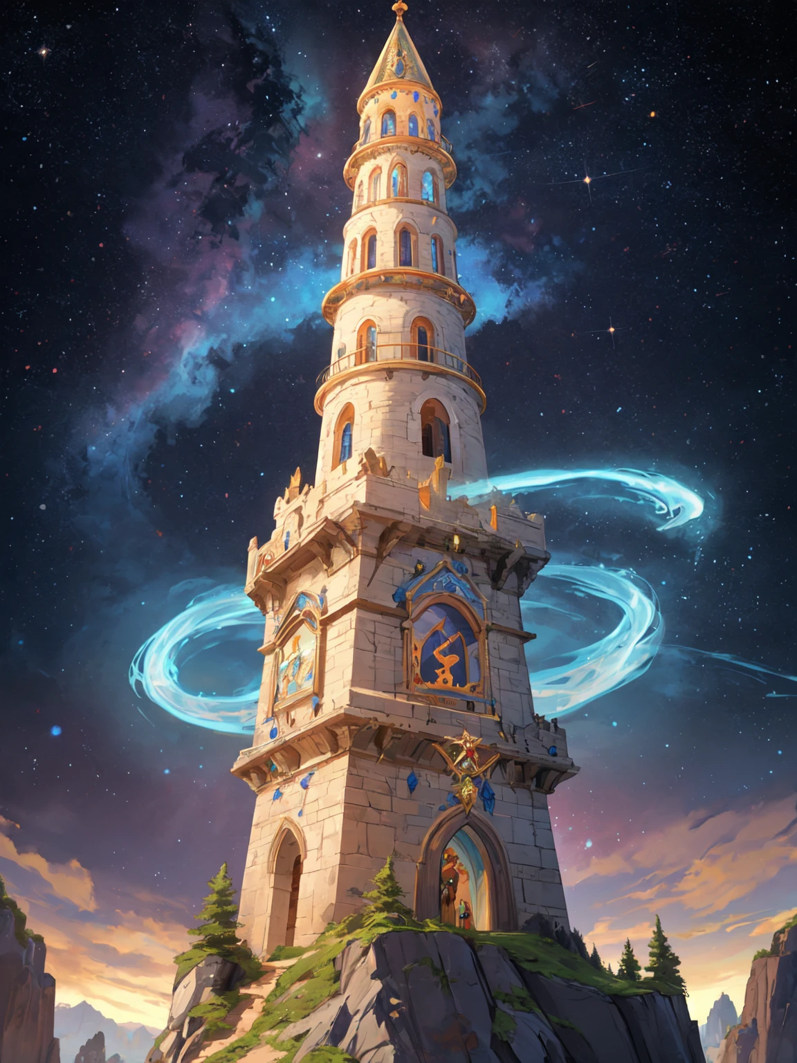 Perched atop a cliff, a wizard's tower stands tall, adorned with arcane symbols and ancient knowledge. Within its walls, secrets of the cosmos are unlocked and magic flows freely.