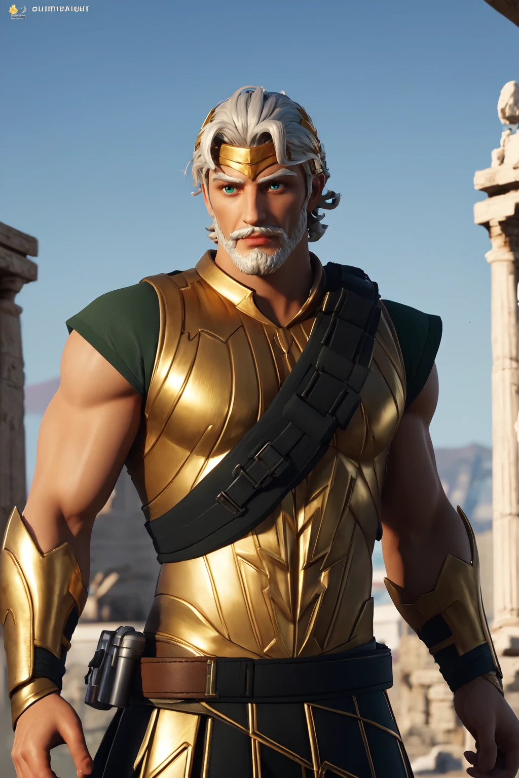 zeusfortniteV1, 1boy , mature male, looking at viewer,  white skin, white hair, green eyes, beard, mustache, male focus, facial hair, muscle,   <lora:zeusfortnite-09:0.5>, golden armor, shotgun shell bandolier,  grecia, sunlight,, masterpiece, 4k, high quality, highres, absurdres,