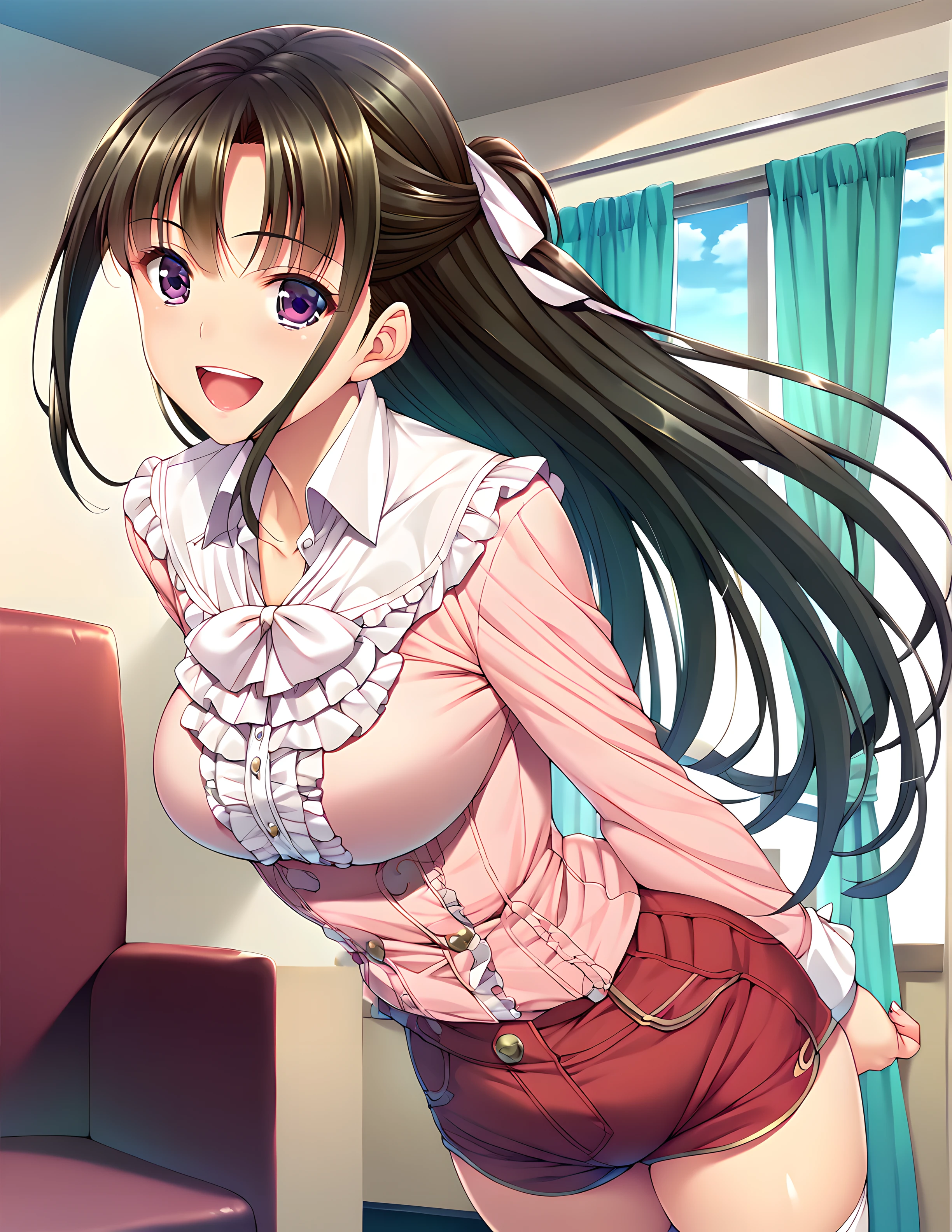 <lora:pony_xl_mitsuki:0.8>,mitsuki,score_9,score_8_up,score_7_up,source_anime,1girl,solo,looking at viewer,collared shirt,long sleeves,buttons,red shorts,short shorts,white thighhighs,arms_behind_back,smile,happy smile,open your mouth and laugh,curtains,couch,standing,