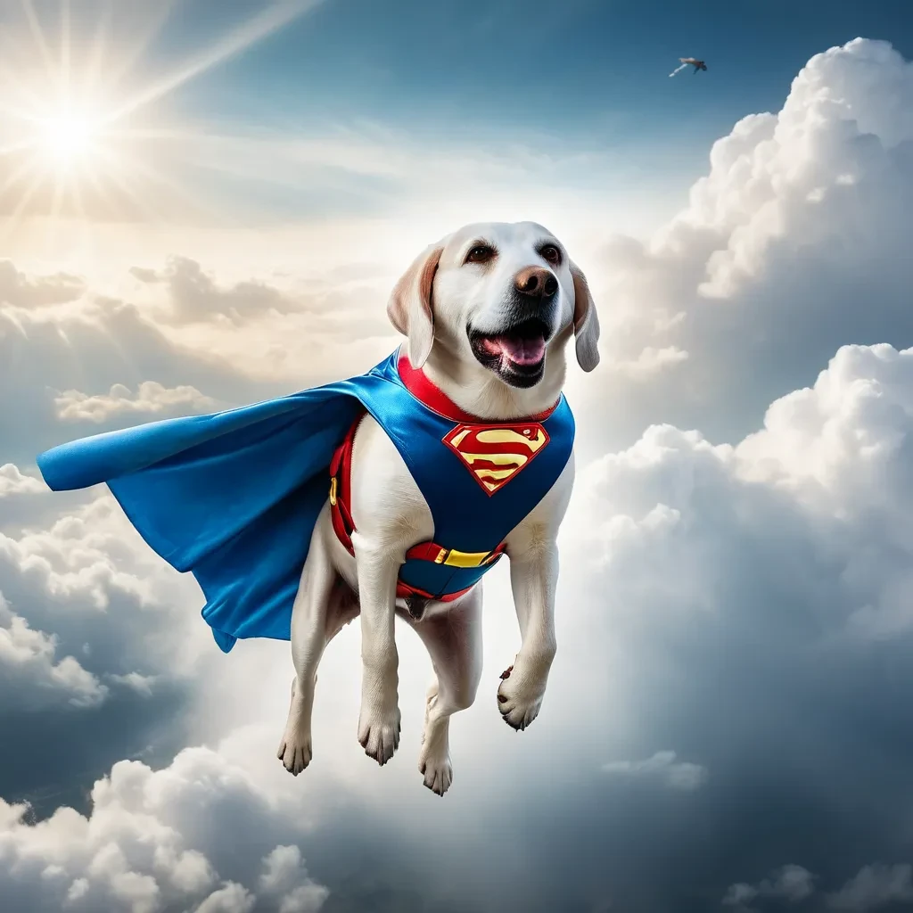 Labrador dog wearing a superhero costume while flying in the clouds <lora:Labrador Dog:1>, Cinematic photography, movie mood, cinematic light, compelling composition, storytelling elements, conveys emotion, mood, and narrative depth, creating visually striking images that feel like still frames from a film