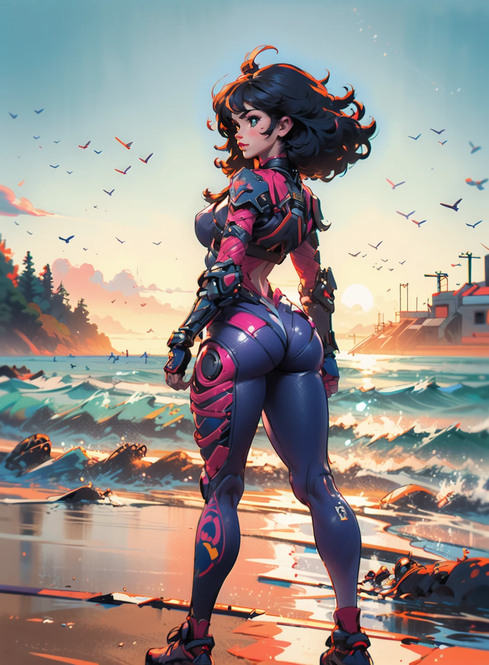 Masterpiece, Best Quality, (photorealistic:1.4), Warrior Girl, Curly Hair, in beach, Round Ass, Large Scale Girl Standing, High Details, Hyper Realistic, 8k HDR <lora:BWarrior:0.66>