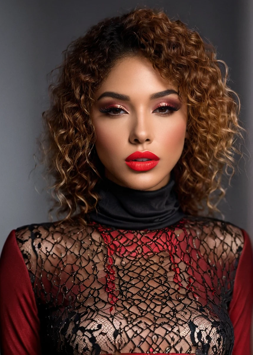 fashion editorial style, (((full body))) of A captivating masterpiece of an woman, (((dressed in a red turtleneck Blouse))), open hair, The intricate lace and gold details exude a very rebellious aura. ((A bold and daring makeup look featuring ombre lips that transition from a deep, dark red at the center to a glossy black at the outer edges. The lips are expertly lined and filled in with precision, creating a gradient effect that is both edgy and sophisticated)). ((The use of high-shine gloss adds a touch of glamour and dimension to the look)), ((while the deep red and black hues give it a dramatic, vampy vibe)), low-key photography:1.3, one rim side light, narrow lighting, only one light source, facing camera, shallow depth of field, high fashion, trendy, stylish, professional, highly detailed, 8K, <lora:MS_NajaIrie_SDXL:0.8>