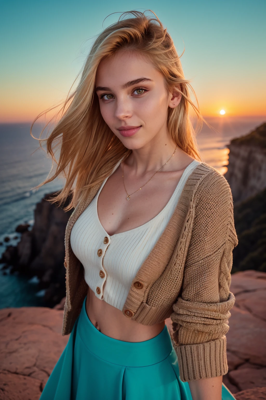 A photograph of (1girl, 21 years old, seductive smile), <lora:ZH_MariaMDomark_v1:1>, zh_mariamdomark, solo, realistic, brown eyes, blonde hair, long hair, looking at viewer, wearing (cardigan, crop top and flair skirt)