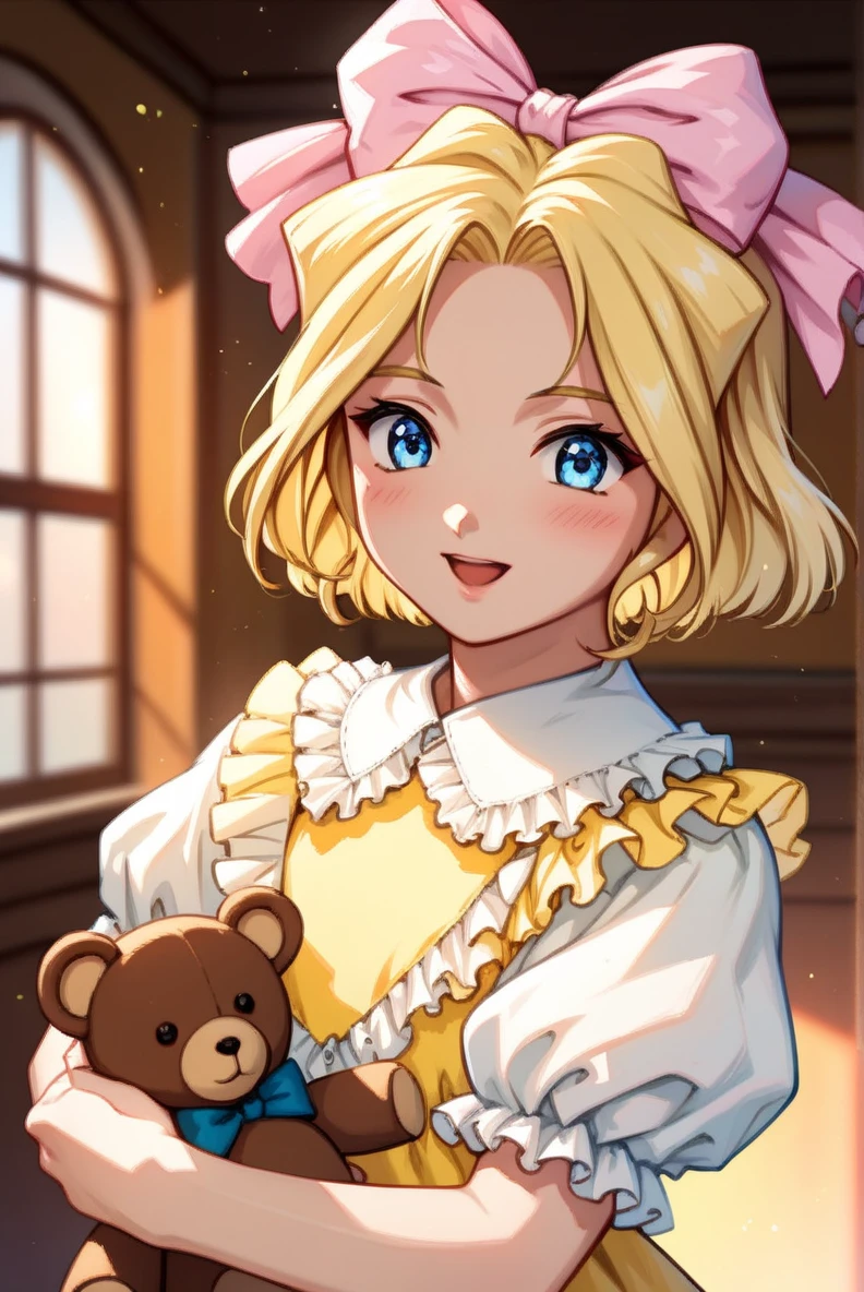score_9, score_8_up, score_7_up, very aesthetic, source_anime, detailed, high quality, beautiful, masterpiece, detailed eyes,
simple background, blurry background,
<lora:lightXL:0.8>
cowboy shot, upper body,
holding stuffed toy, smile, open mouth, blush,
<lora:iris_autismConfetti_v01:0.95>flat chest,
irisBase, blonde hair, blue eyes, hair bow, pink bow, short hair, parted bangs,
yellow dress, frills, white puffy sleeves, short sleeves, layered dress, lace white socks,, zPDXL