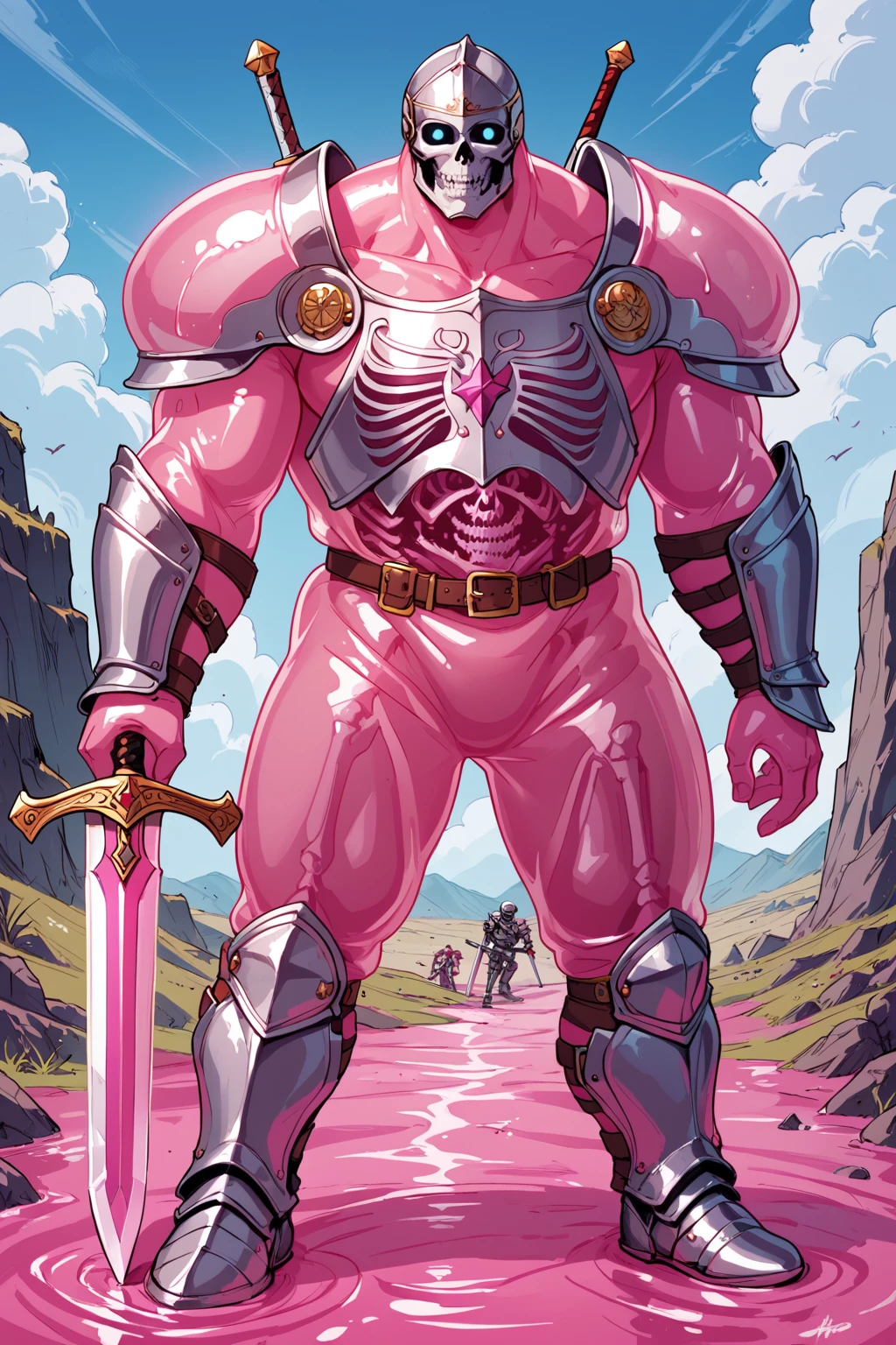 score_9, score_8_up, score_7_up, masterpiece, high quality <lora:Glob HermanPonyLora:1> 1boy, monster, skeleton, pink jelly, transparent, see throu, wearing knight armor, holding a sword, on a battlefield