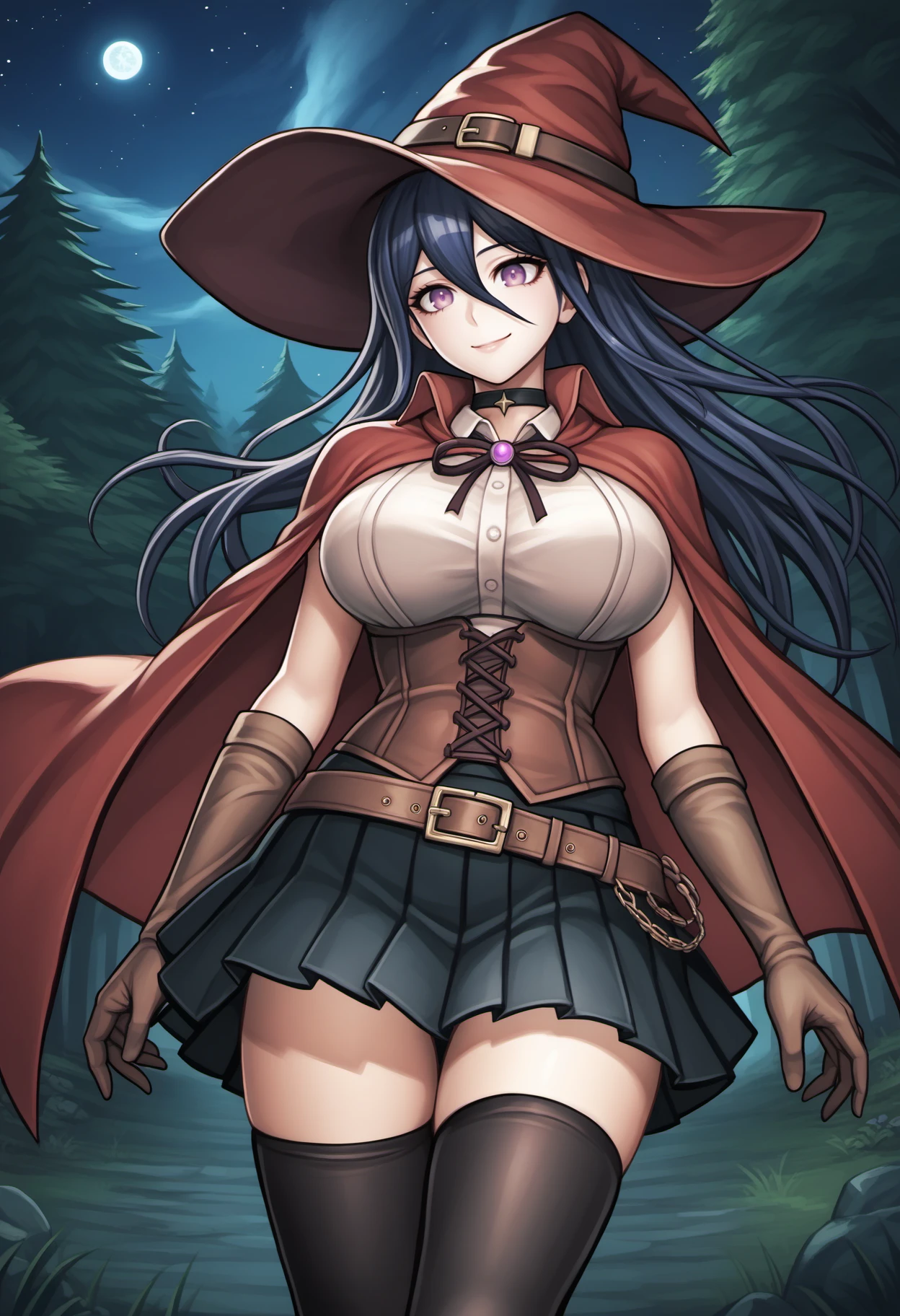 score_9, score_8_up, score_7_up, score_6_up, source_anime, BREAK dutch angle, outdoors, fantasy, forest, night, starry sky, 1girl, solo, dark blue hair, long hair, hair between eyes, purple eyes, witch hat, black choker, collared shirt, white shirt, sleeveless, detached sleeves, red capelet, large breasts, brown corset, belt, pleated skirt, black thighhighs, brown gloves, smile, <lora:komatsuzakirui-PDXL-v2-10:1>