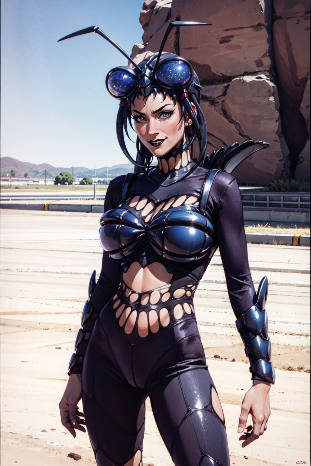 <lora:Power_Rangers__Trakeena:0.8>,1girl,power rangers,powerrangers,trakeena,amy miller,solo,bodysuit,black lips,large breasts,armor,antennae,evil smile,