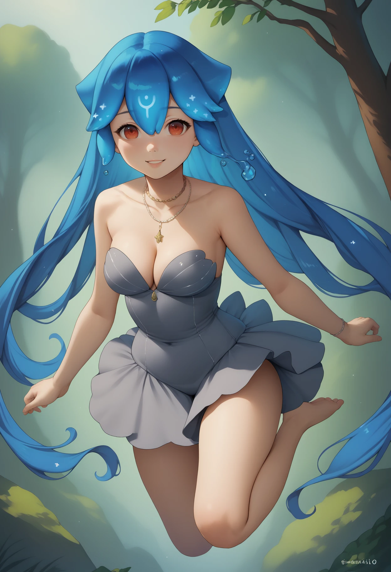 score_9, score_8_up, score_7_up, source_anime, 1girl, solo, <lora:Bao_XLPD:1>, BaoDef, blue hair, liquid hair, long hair, hair between eyes, bangs, necklace, grey dress, cleavage, bare shoulders, collarbone, thighs, shortskirt, seductive smile, outdoors, happy, air, flying, jumping, forest,