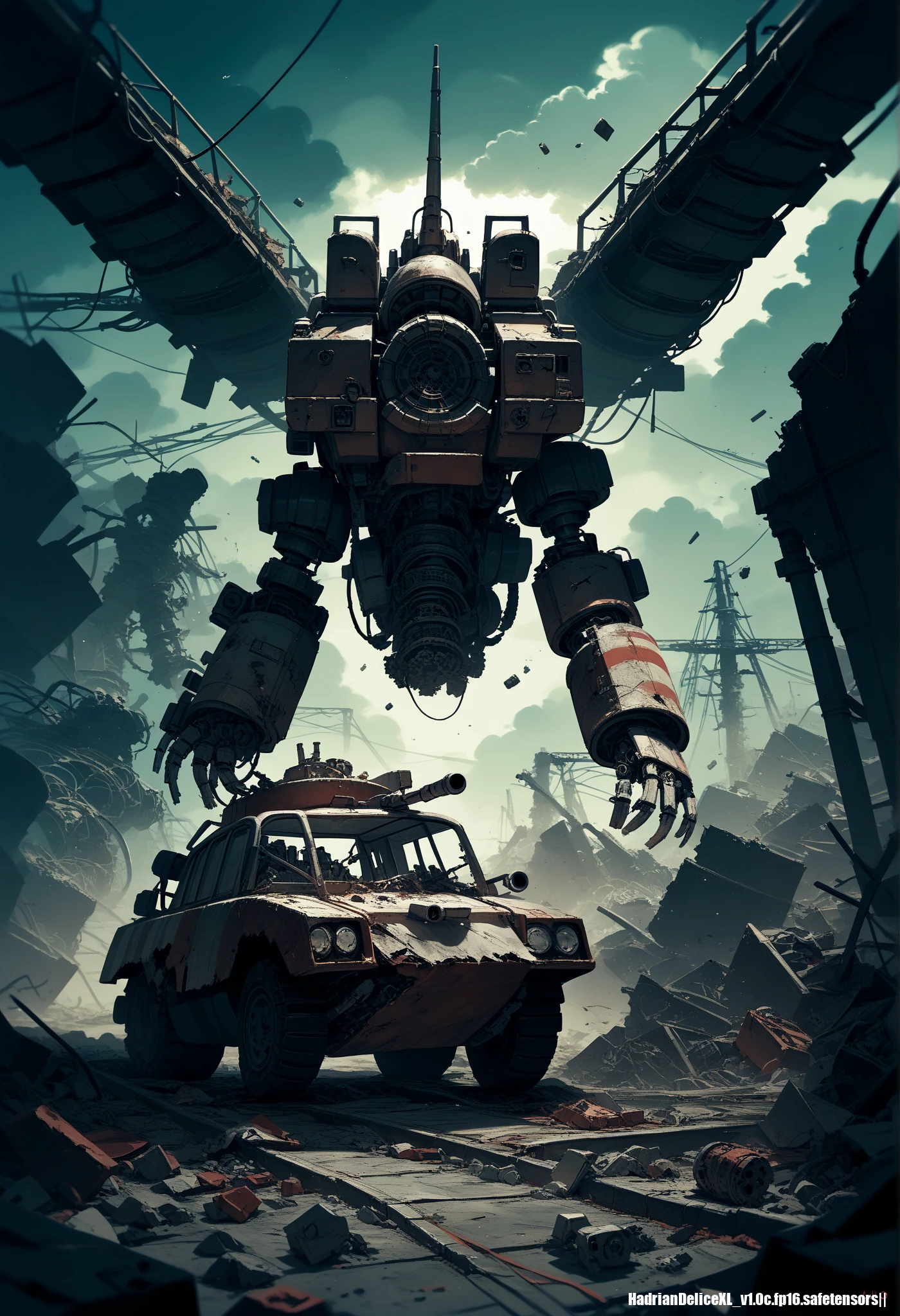 score_10,score_9_up,score_8_up,score_7_up, hadrian,very strong contrast, dramatic Lighting,very high detailed,very gorgeous and complicated background, machinery,mecha,damaged,dirty,tank,science_fiction,debris,military_vehicle,wasteland, in a post-apocalyptic deserted diner,overturned stools,rusted kitchen appliances,dusty jukebox,unreadable specials sign.,Post-apocalyptic, tunnel,highway,chaos,