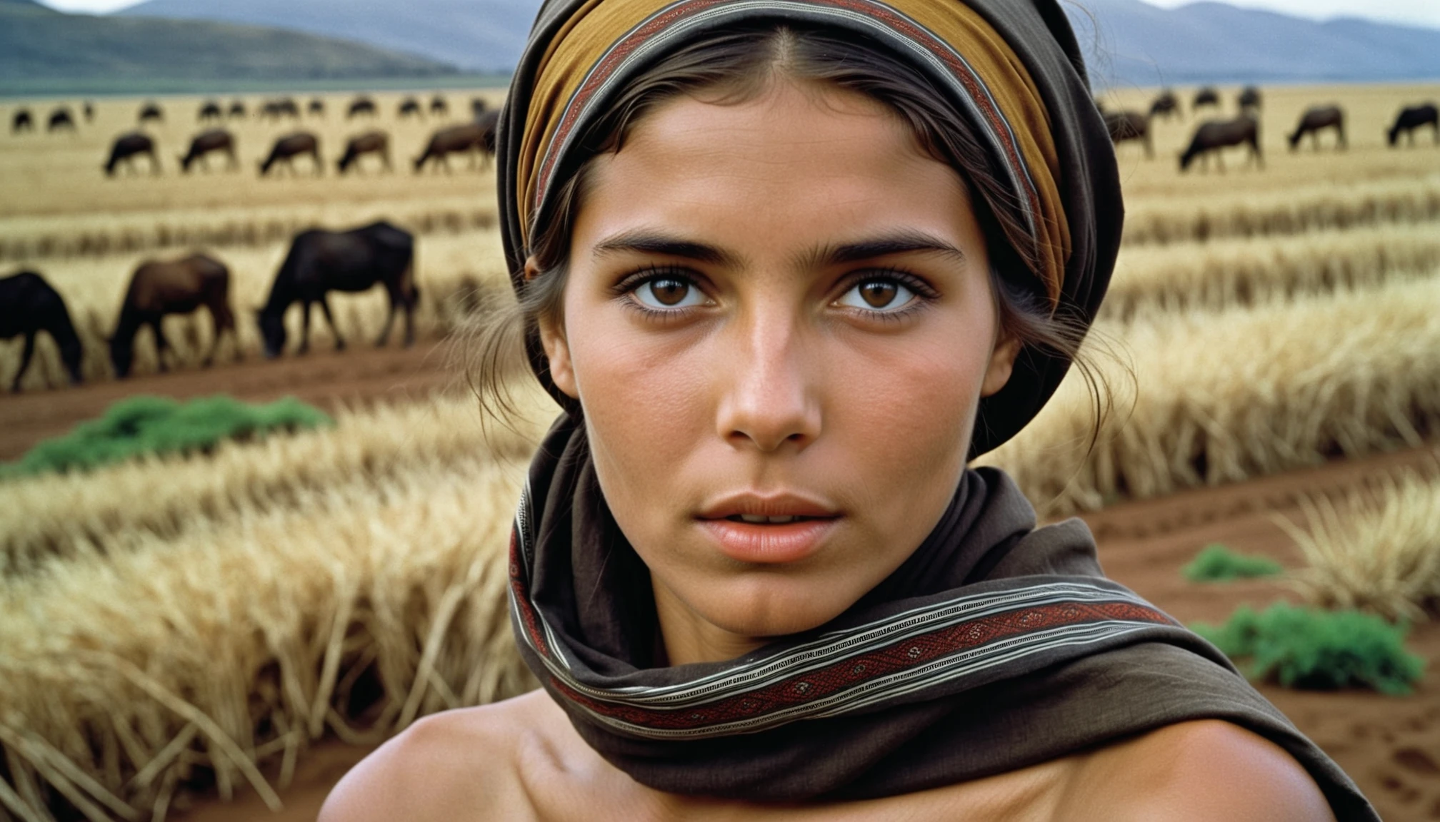 Documentary photo, photo by Sebastiao Salgado and Steve Mccurry, raw, realistic, face portrait of a young woman, 20 years old, wearing a hair scarf, brown eyes, authentic, soulful, 
 <lora:dark-cinematics:.4>