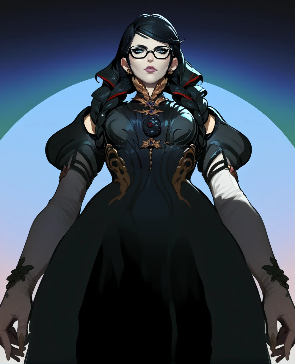 score_9,score_8_up,score_7_up,score_6_up,bayonettaxl,light blue eyes,makeup,black hair,red hair,mole under mouth,glasses,jewelry,skirt,twin braids,black dress,long sleeves,white elbow gloves,evening,looking at viewer,standing,from below,
<lora:BayonettaPxl5th:1>,