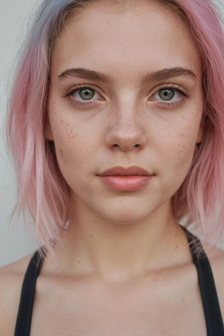 Generate a close-up image that captures an 18-year-old girl with rainbow-colored hair and a sweaty face, looking seductively and directly into the camera, wearing skimpy pink sportswear, perhaps after a strenuous workout or sports activity.