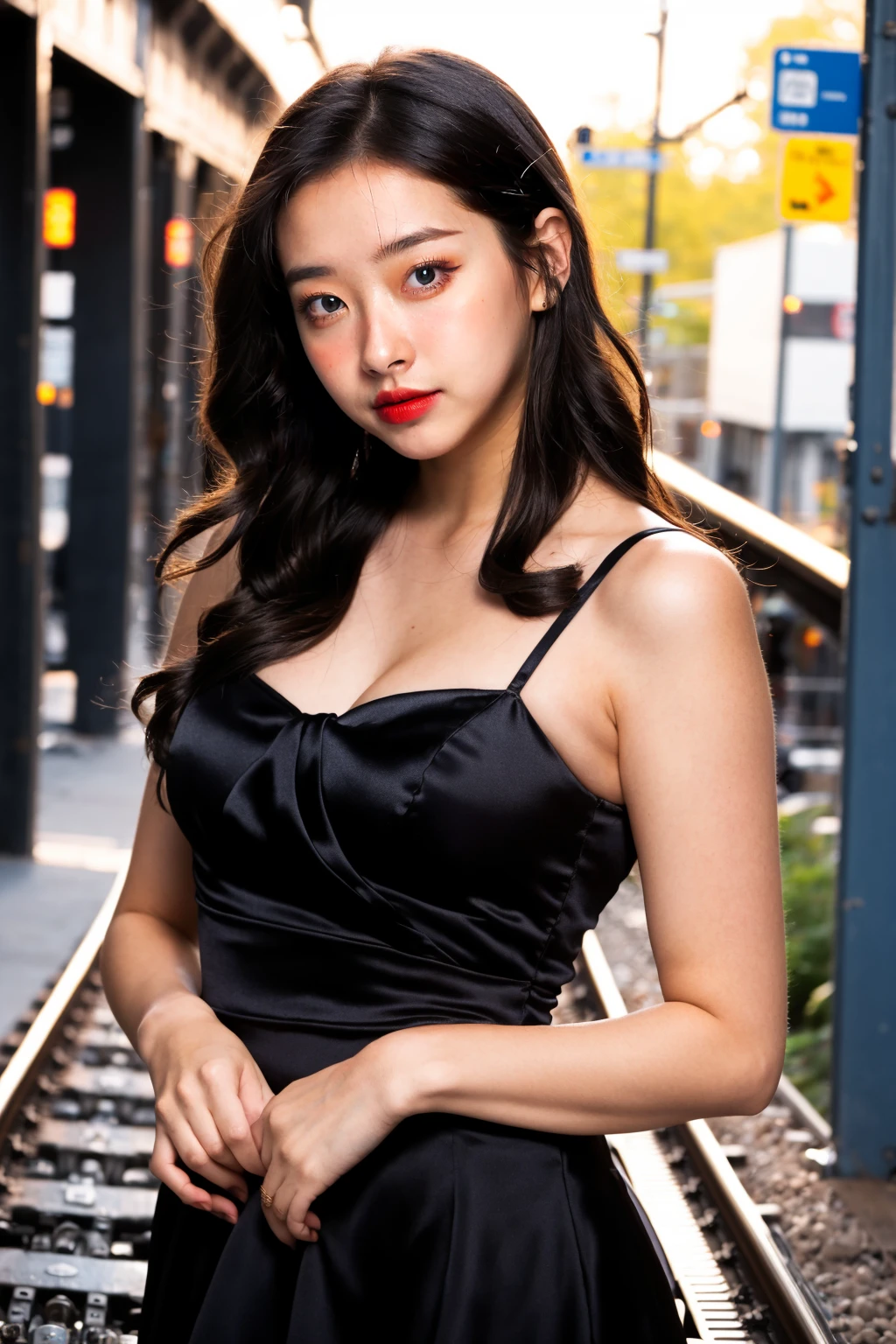 1girl,kmd453,realistic,railroad tracks,city,upper body,black dress,blue hair,
RAW photo,(high detailed skin:1.2),8k uhd,dslr,soft lighting,high quality,film grain,Fujifilm XT3,<lora:kmd453_beta0.3-000005:0.7>,