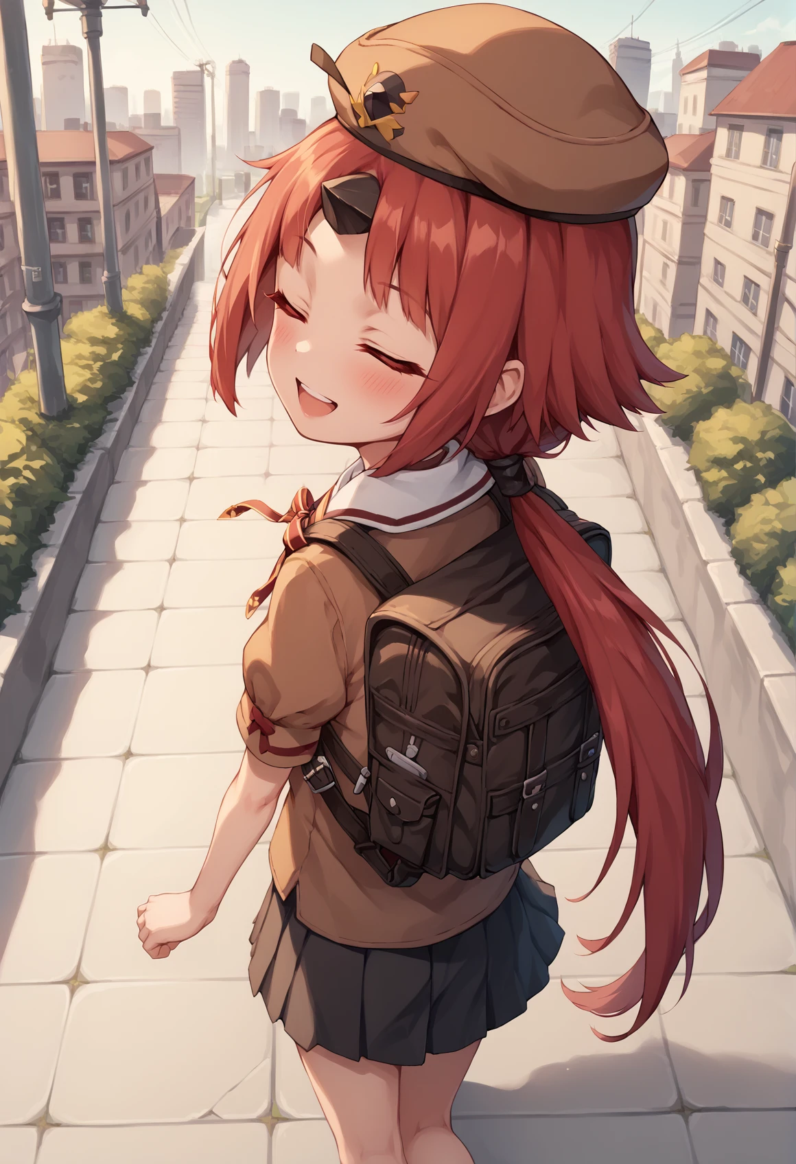 1girl, red eyes, red hair, yellow hair, long hair, Multicolored Hair, low ponytail, single horn, brown beret, neck ribbon, school uniform, short sleeves, skirt, brown shirt, outdoors, closed yes, backpack, smile, blushing, open mouth, walking, city, looking at viewer, from above, from behind, closed eyes <lora:Kuro_XL:0.8> <lora:Dechi:1>, score_9, score_8_up, score_7_up, score_6_up, score_5_up, score_4_up, BREAK source_anime, masterpiece