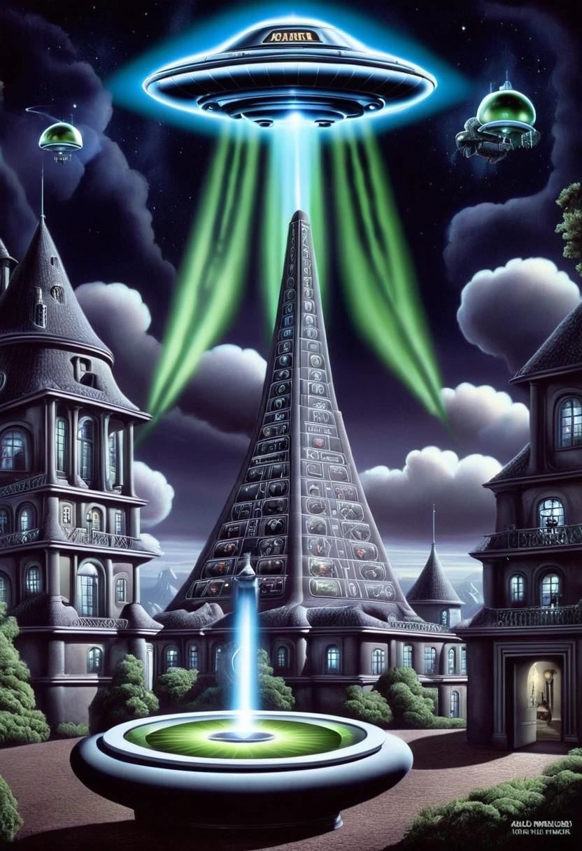 magical realism art by Carel Willink, cartoon art by Marc Davis, Animation, ufo alchemy, Cute, Grim, Fujicolor Pro 400H, Anime, Dark, hyperdetailed, Strange displaying the words "ufo alchemy", Paradox, triadic colors, Concept artist, Lightcore, moody lighting, professional, character design, expressive and dynamic animation, Magic realism, architectural landscapes, eerie atmosphere