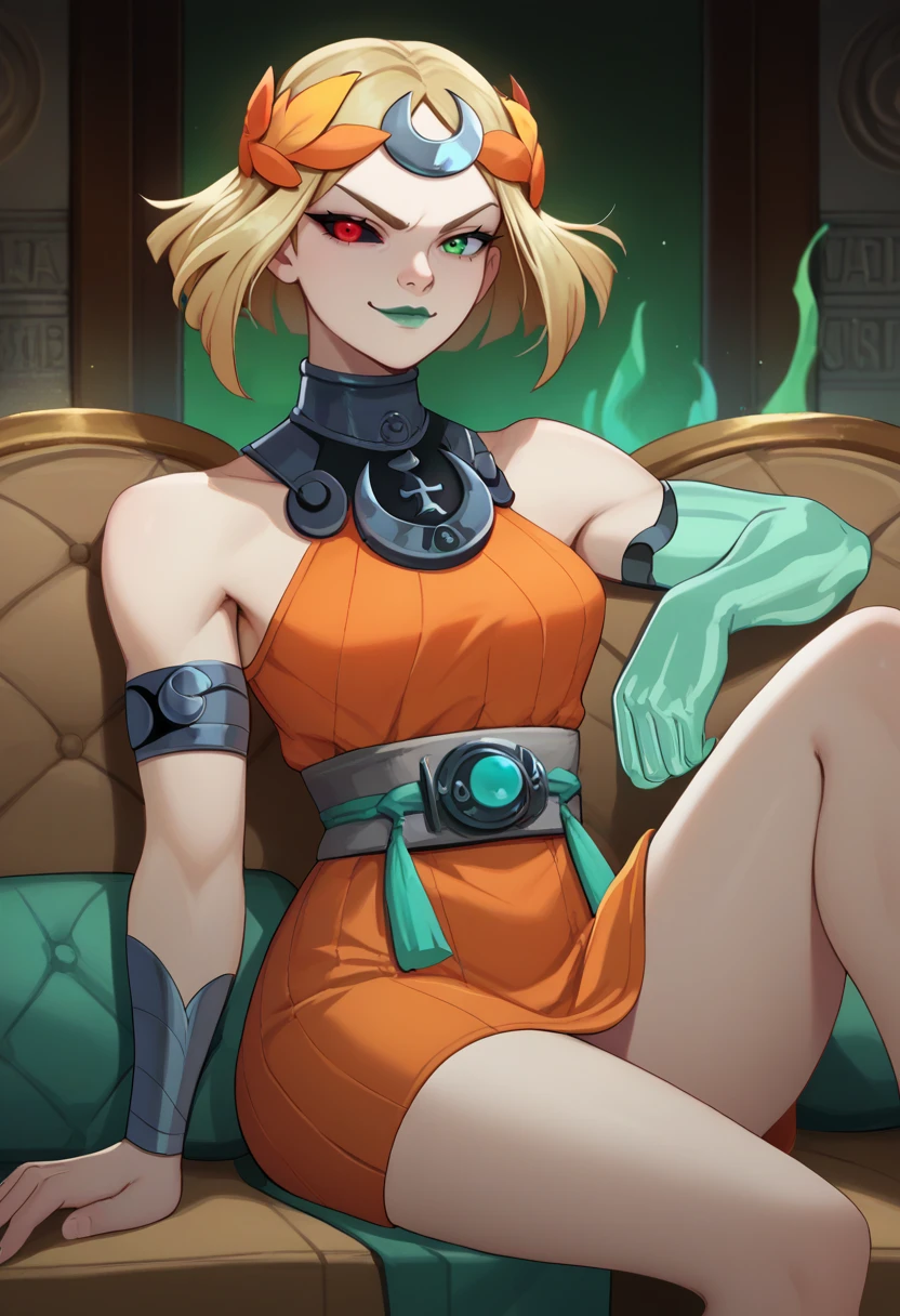 score_9, score_8_up, score_7_up, source_anime, solo, 1girl, melinoe, green lips, smug, looking at viewer, sitting, couch, hair ornament, laurel crown, heterochromia, green eyes, red eyes, mismatched sclera, black sclera, ancient greek clothes, orange dress, short dress, sleeveless dress, single elbow glove, grey belt, indoors <lora:hades2_melinoe_ponyXL:1>