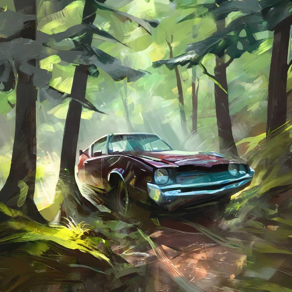 drawix13 expressive acrylic painting, car in forest, sharpen <lora:drawix13:1>
