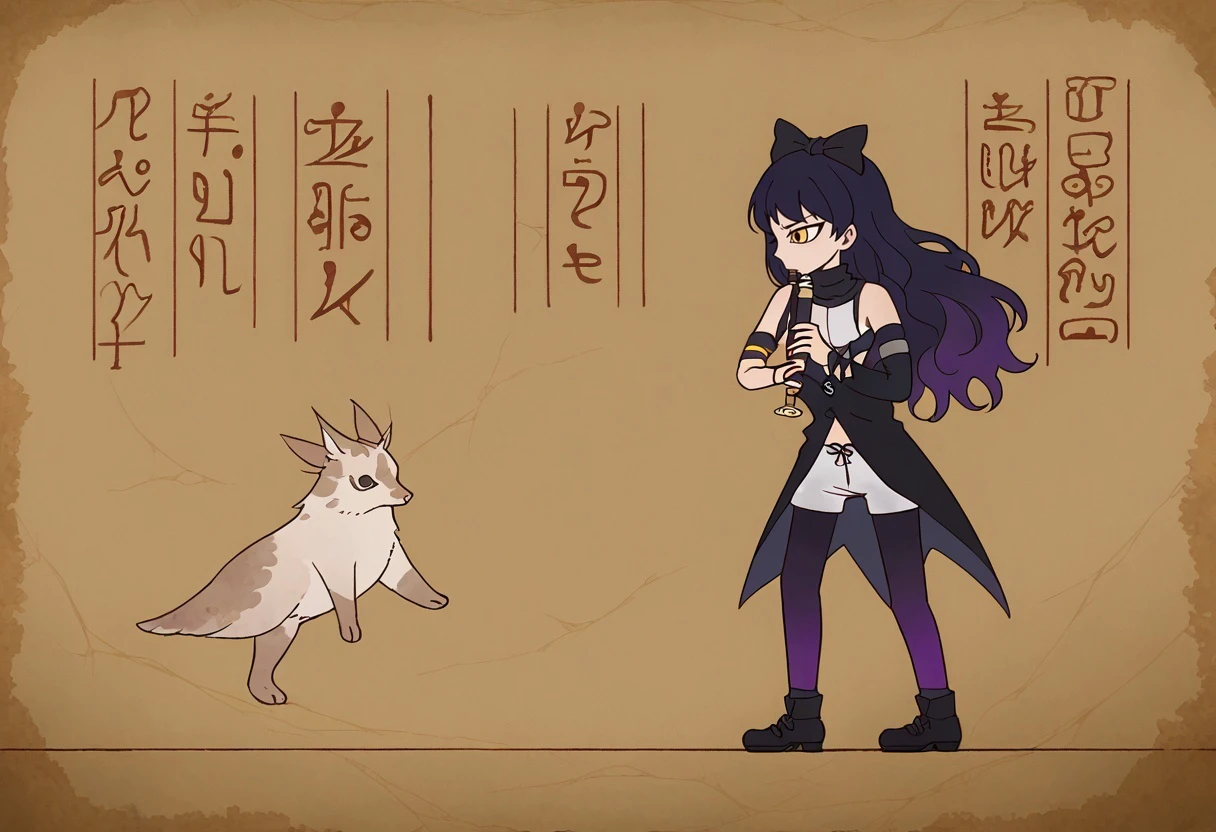 score_9, score_8_up,score_7_up,score_6_up, source_anime,  
FauxEgyptian, standing, full body, black eyes, crack,  old,dusty,
kyoufuuallback, full body, holding flute,blake belladonna, hair bow, black bow, sleeveless shirt, detached sleeves, white shorts, black pantyhose, pantyhose under shorts, bare shoulders, navel
<lora:FauxEgyptian_XLPD:1>
<lora:concept_kyoufuuallback_ponyXL:0.8>  <lora:rwby_blakebelladonna_ponyXL:1>