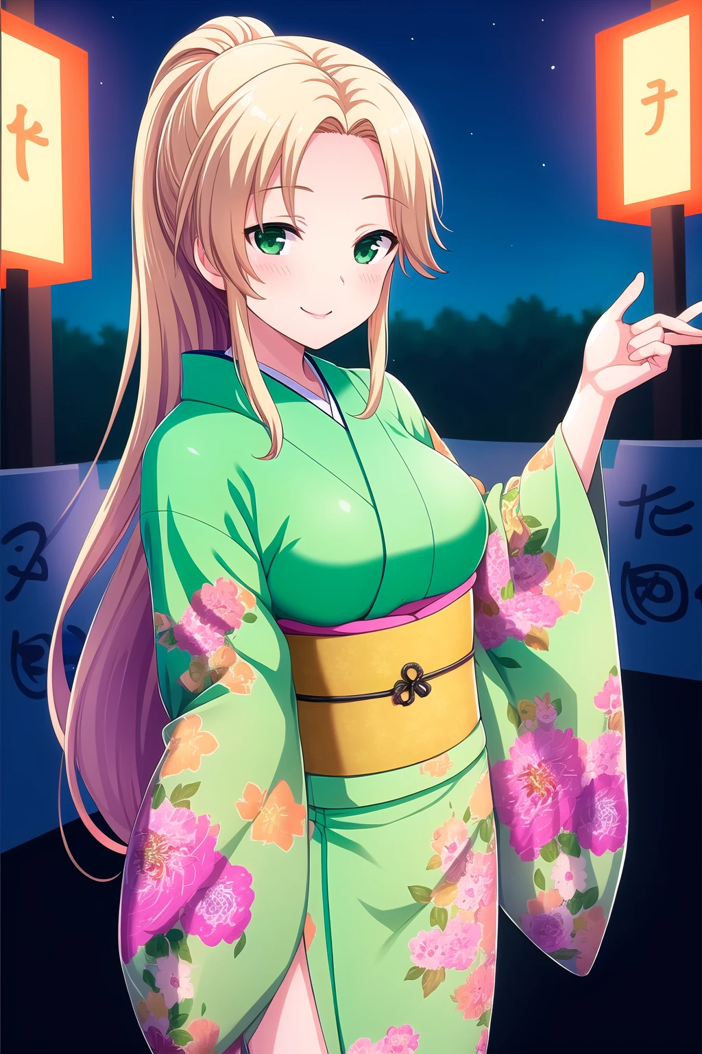 (masterpiece, best quality), highly detailed background, perfect lightingbest quality, hayashidakira, solo, outdoors, night, summer festival, blonde hair, ponytail, parted bangs, forehead, very long hair, green eyes, medium breasts, green kimono, floral print, japanese clothes, smile, closed mouth, :), pink lips, <lora:Hayashida-Kira:0.7>