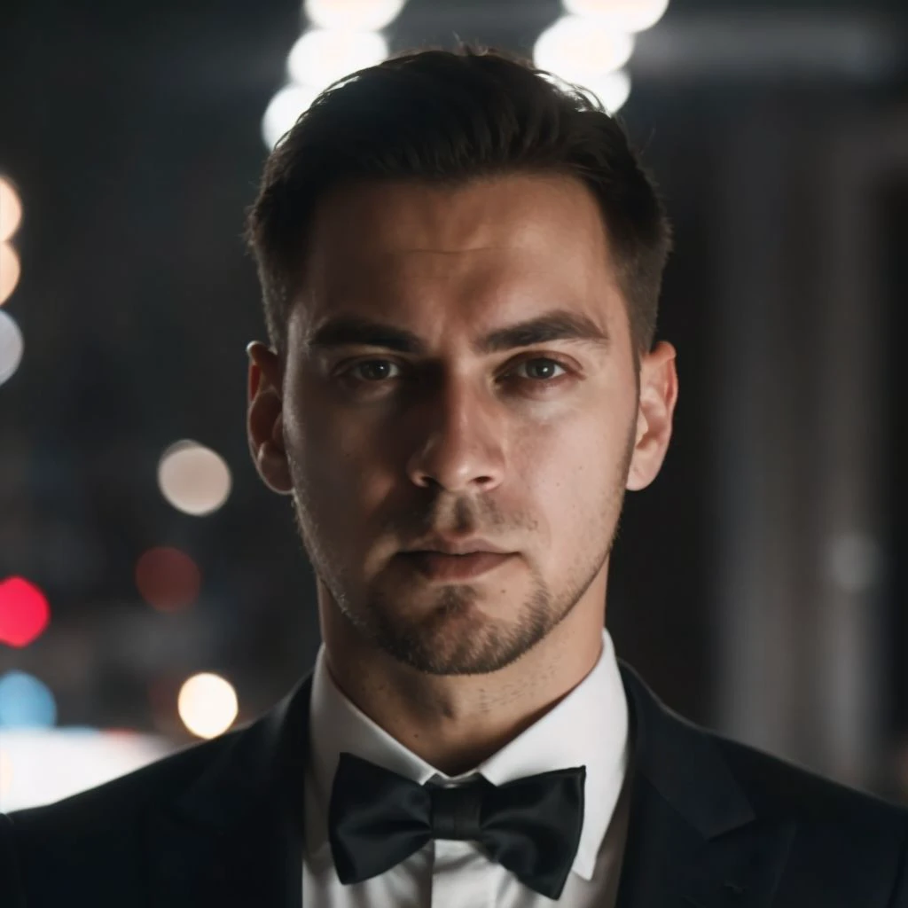 DLSR photo of vadymcavalera person using a tuxedo, face portrait, in blade runner, daylight, professional photography, high resolution, detailed photo, RAW, still film, f/16, uhd, hdr, 4k <lora:vadymcavalera_49050:1>
