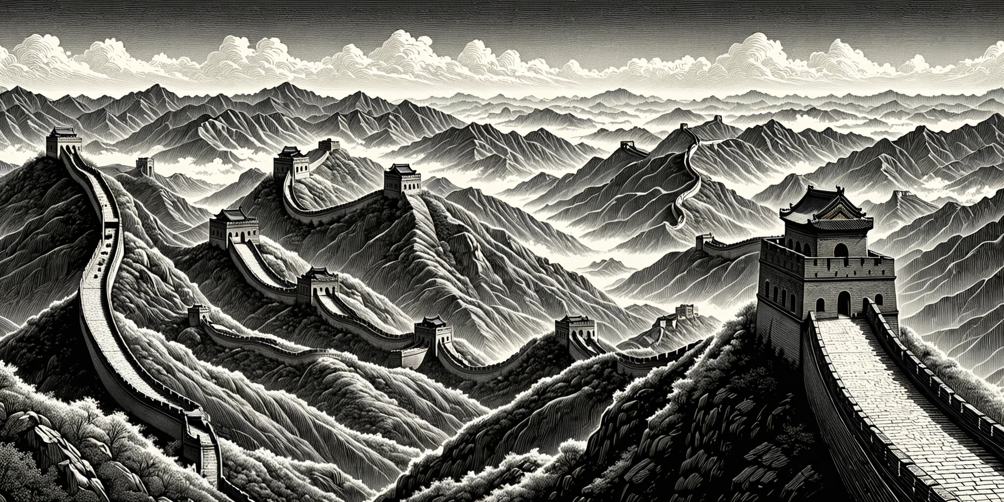 The Great Wall is made up of continuous detailed lines winding and lengthening,((digital carving style)),masterpiece,high quality,colorful,beautiful,<lora:changcheng_V0-000002:0.6>,bigc,digital engraving,Mezzotint,