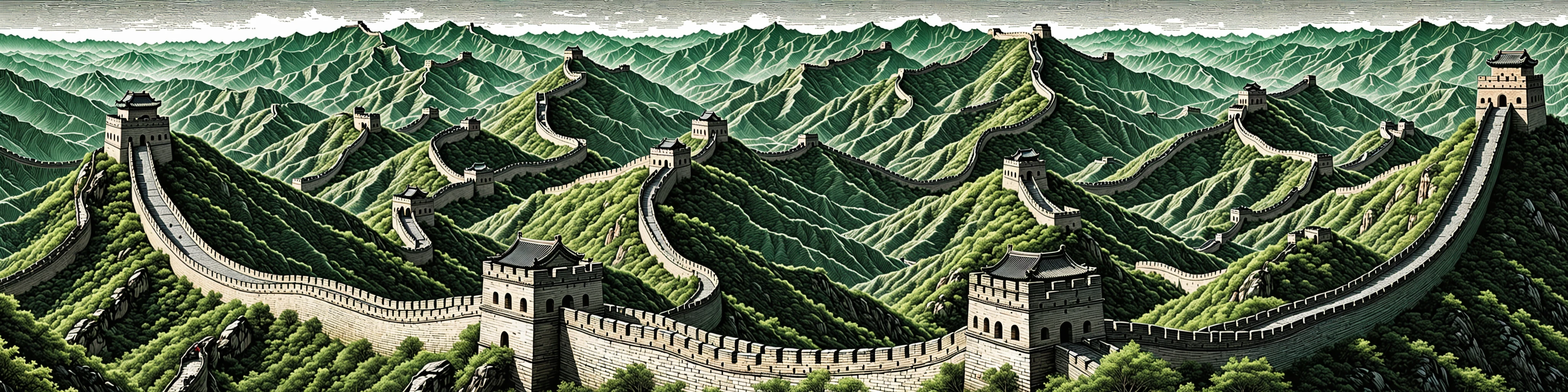 The Great Wall is made up of continuous detailed lines winding and lengthening,((digital carving style)),masterpiece,high quality,colorful,beautiful,crazy detail,<lora:changcheng_V0-000002:0.3>,bigc,digital engraving,(Cash green),