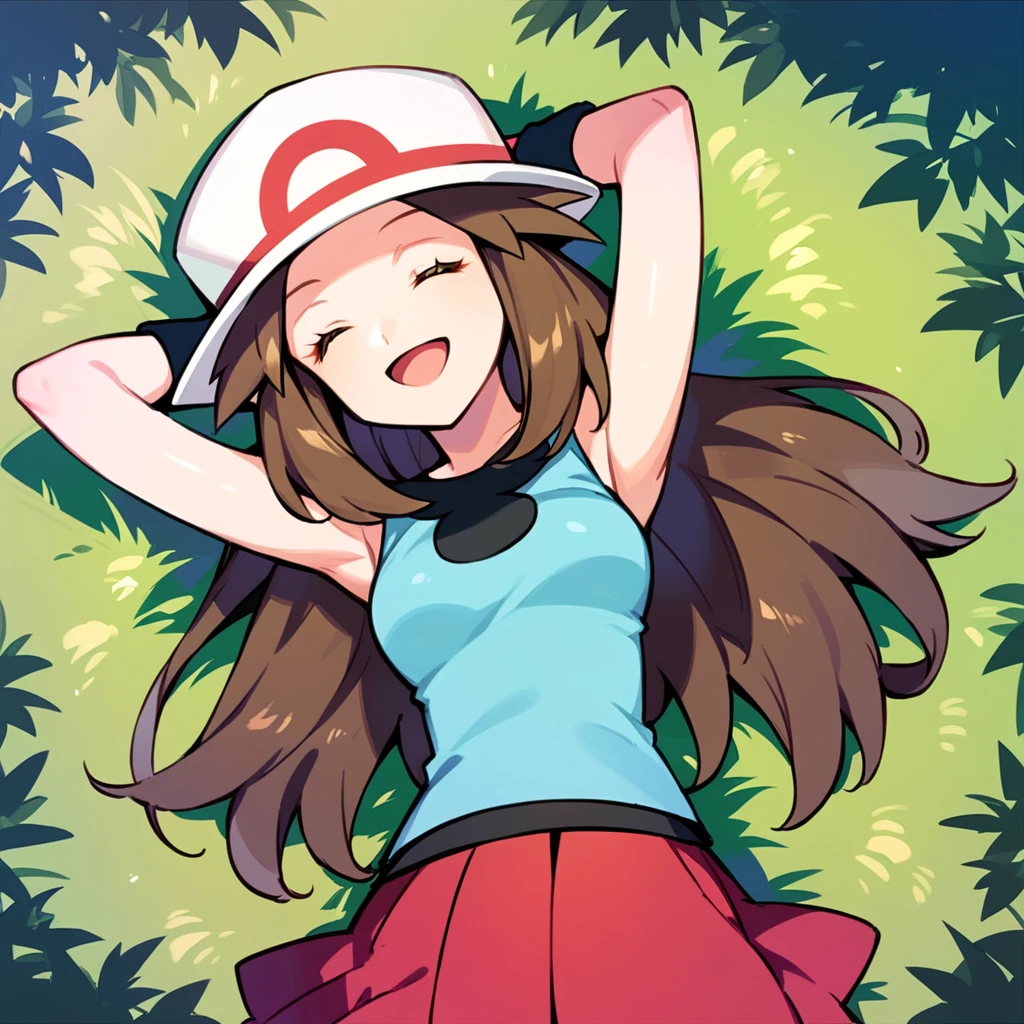 score_9, score_8_up, score_7_up, score_6_up, best quality, source_cartoon, detailed background, green background, grass, BREAK 1girl, solo, leaf_(\pokemon\), brown hair, long hair, brown eyes, white hat, blue sleeveless shirt, red skirt, wristbands, lying, eyes closed, smile, resting, open mouth, hands behind head, lying on back, from above, relaxed, <lora:PDXL_Leaf_PKMN:1>