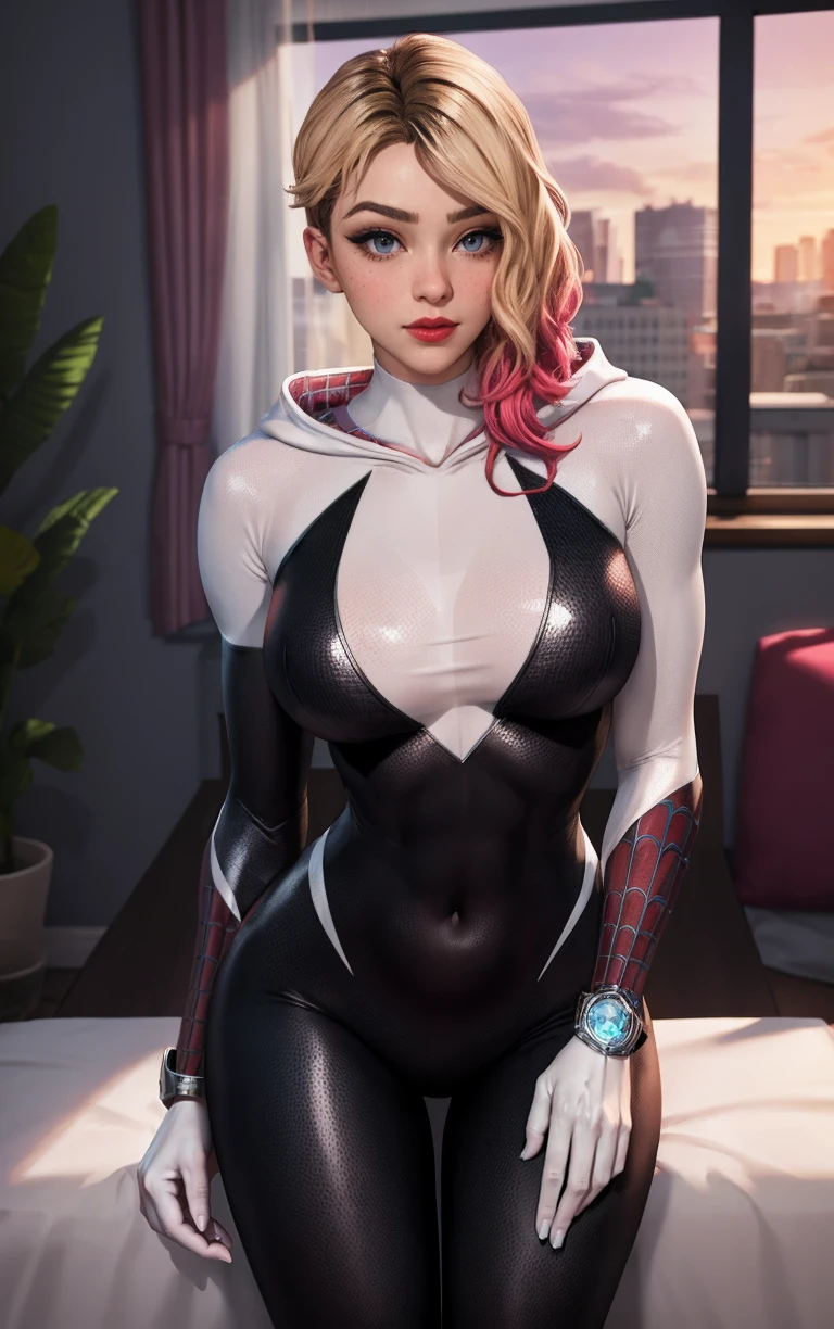 Costum_AcrossSpiderVerse_GwenStacy_ownwaifu,
1girl, blonde hair, short hair, blue eyes, eyebrow piercing, lips, freckles, blush, hair over one eye, multicolored hair, asymmetrical hair, two-tone hair, undercut, breasts, medium breasts, toned, makeup, red lips,
hooded bodysuit, spider web print, silk, white bodysuit, skin tight, mask removed, no mask, superhero, animification, covered navel, 
<lora:CARTOON_AcrossSpiderVerse_GwenStacy_ownwaifu:0.7> ,
((masterpiece)),((best quality)),(highres, absurdres), original, official_art, chromatic_aberration, bokeh, depth_of_field, window, wisteria, loaded_interior, skylight, sunset, indoors, window_shade, potted_plant, focused, looking at viewer, solo, cowboy shot,