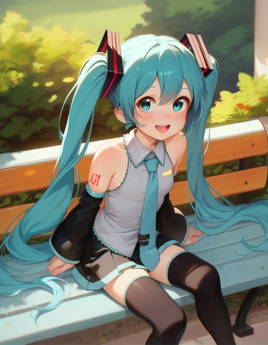 highest quality, masterpiece, Ultra-high resolution, Hatsune Miku、Embarrassed face、Horizontal striped underwear、Open your legs、Raise your hands、Sex、