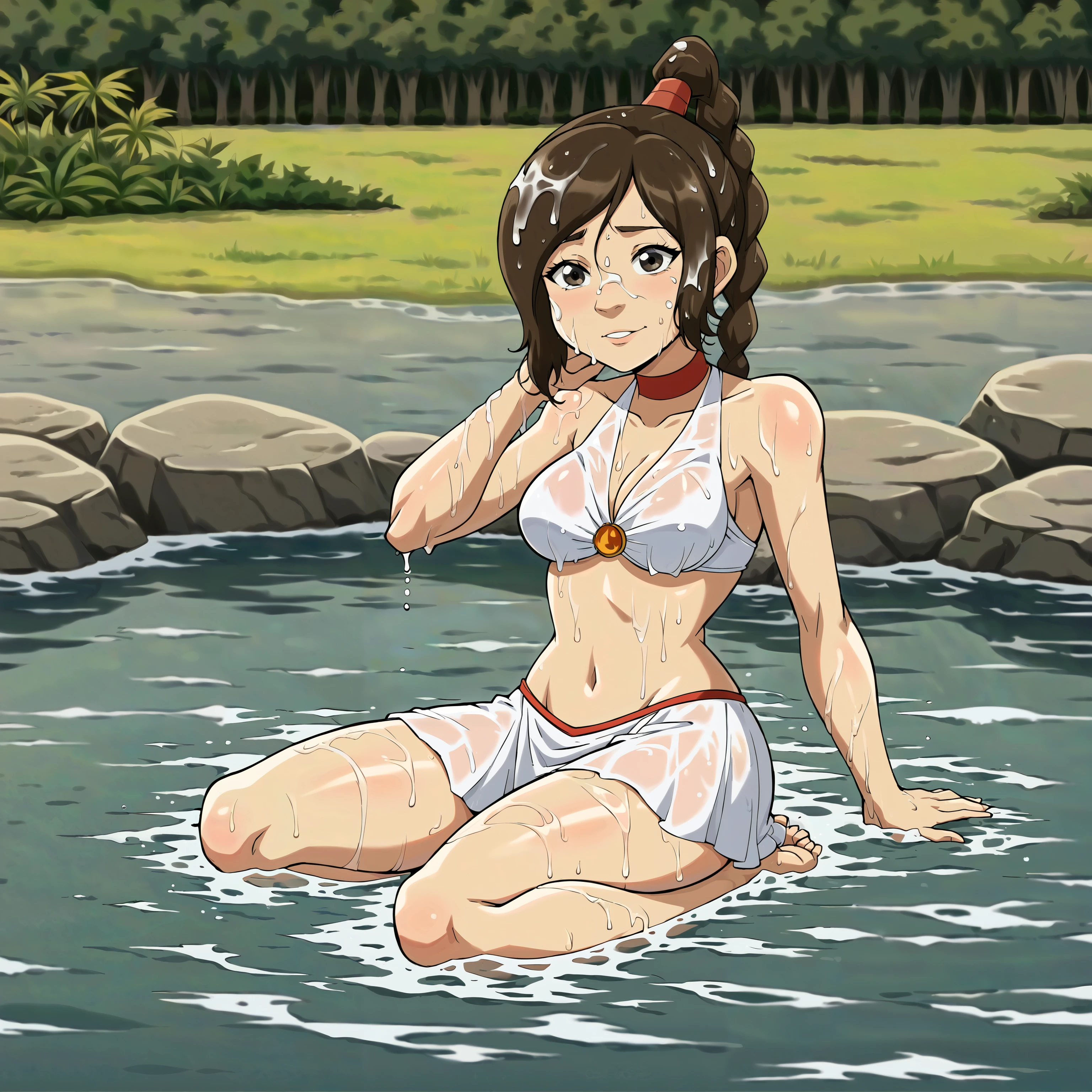 2d, digital art, clean lines, tylee, white beach outfit, short tight skirt, top, full body, sexy, swimming in the water, wet hair, water