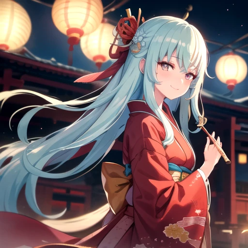 <lora:LiljaKurtbay-05:0.7>, liljawds, looking at viewer, smile, hair ornament, long sleeves, bow, holding, closed mouth, hair bow, japanese clothes, wide sleeves, kimono, sash, floating hair, fire, smoke, lantern, snake, smoking pipe, east asian architecture, paper lantern, kiseru