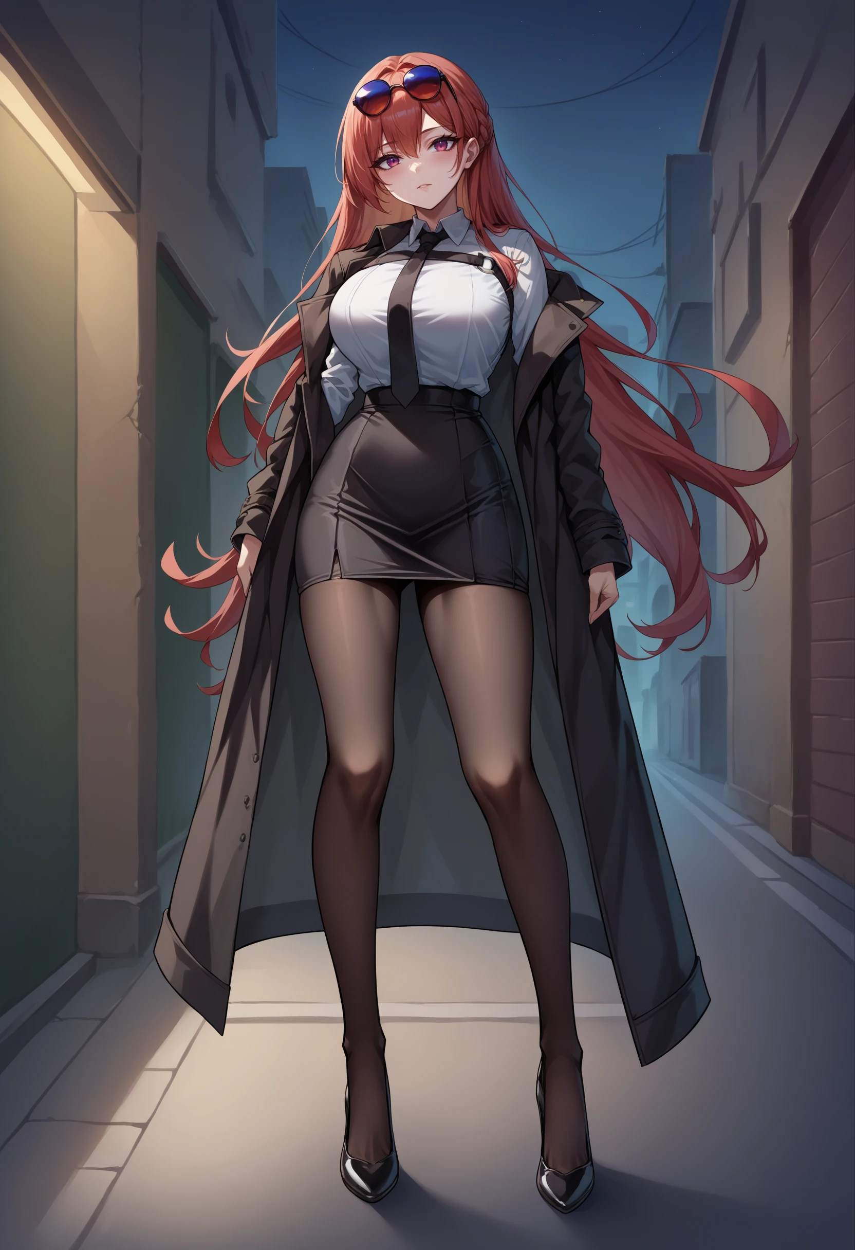 score_9, score_8_up, source_anime, 1girl, solo, MonarchDetective, long hair, straight hair, sunglasses on head, collared shirt, white shirt, long sleeves, breast strap, o-ring, black necktie, black skirt, tight skirt, black pantyhose, black coat, coat on shoulders, black high heels, standing, outdoors, urban, alley, night, <lora:ChamMonarchPonyXL:1>