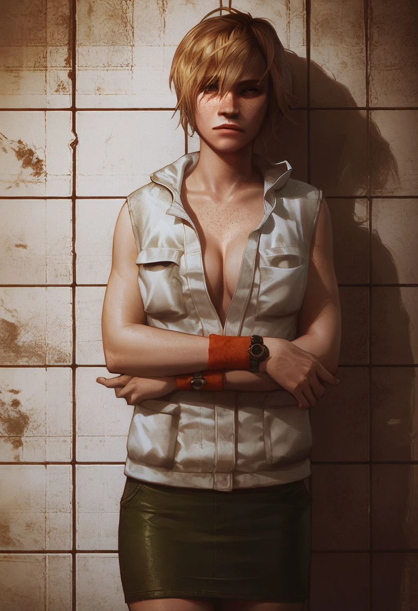 Score_9_up, score_8_up, score_7_up, 1girl, heather mason, solo, blond hair, brown eyes, freckles, white vest, green pencil skirt, wristband, wristwatch, cleavage, arms crossed, Expressiveh