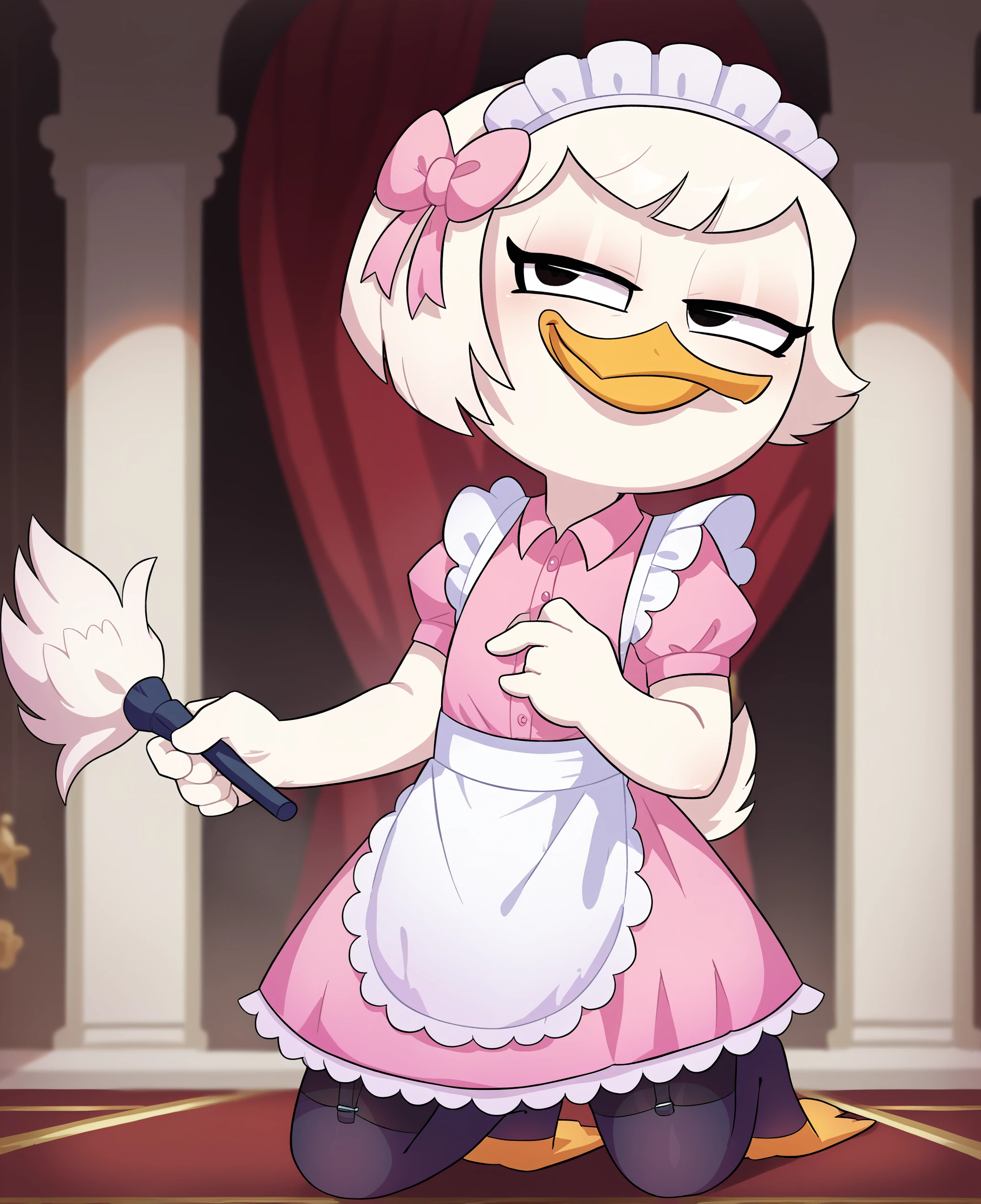 score_9, score_8_up, score_7_up, score_6_up, best quality, highres, source_furry, BREAK
by mizumizuni BREAK
1girl, solo , furry, mansion, inside, female, duck, beak, webby vanderquack, young, *****, white skin, white hair, short hair, black eyes, garter straps, pantyhose, toeless legwear,  maid uniform, maid headdress, maid apron, frilly, feather duster, pink clothing  (smug) <lora:ponyxl-mizumizuni-style-v03:0.7> <lora:Webby_Vanderquack:1>