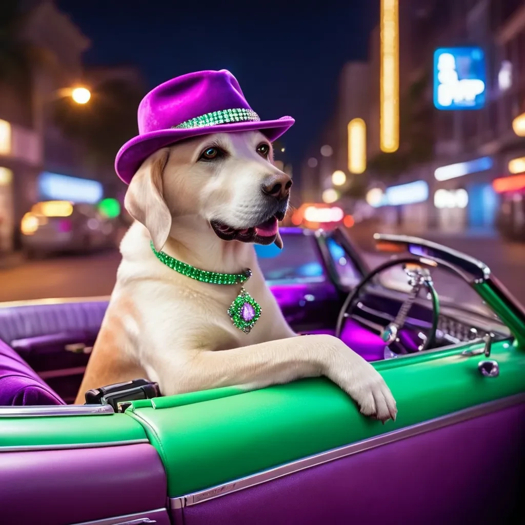 retro style Labrador Dog wearing a purple velvet pimp costume and fedora with green feather, diamonds and rings, driving convertible car in city at night  <lora:Labrador Dog:1.2>