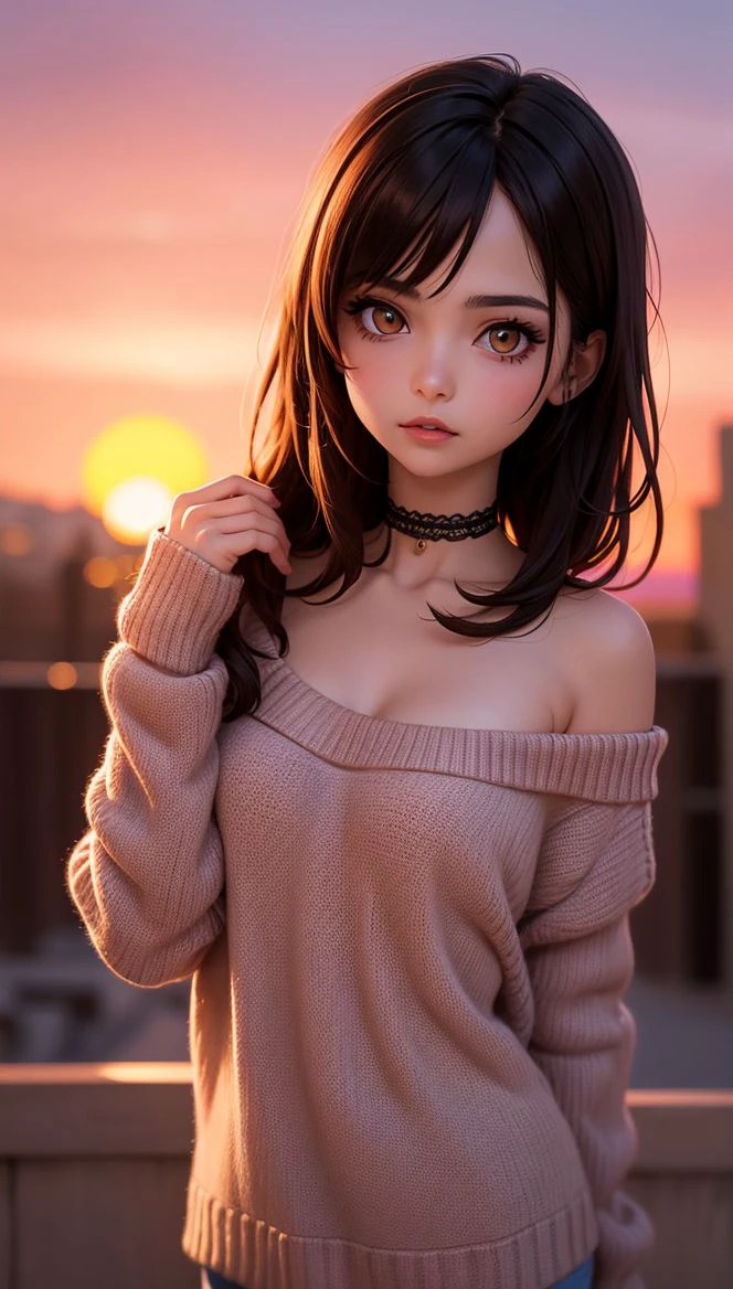 1 young cute iranian girl, very slim, skinny, redhead, rouge, red neck lace choker, cateyes makeup, colorful, oversize knit jumper, softcore, warm lighting, cosy atmosphere, Instagram style, red theme, upper body shot,(cinematic, black and red:0.85), (sunset beautiful background:1.3), sharp, dim colors