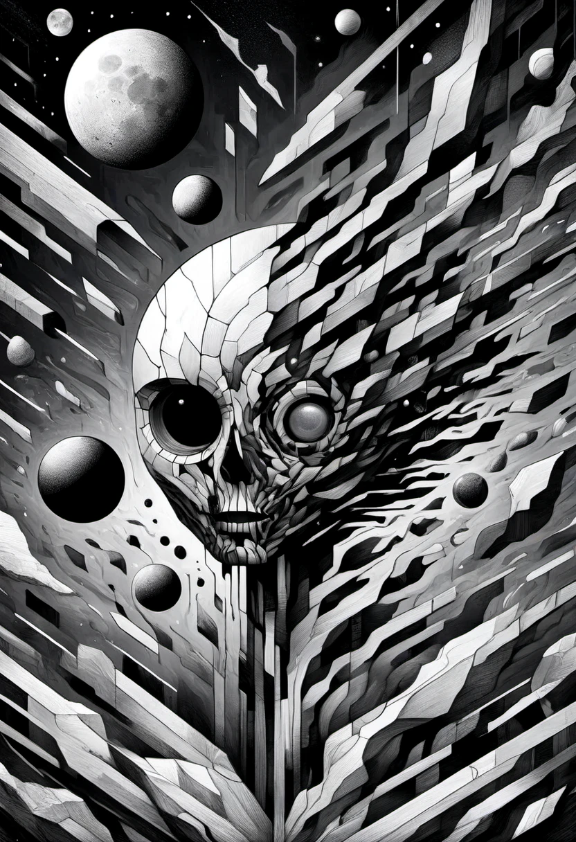 DonMFr4ctur3dD1ffXL illustration astral, extraterrestrial, astrophysics, lunar eclipse, fractured, dissolve, monochrome <lora:DonMFr4ctur3dD1ffXL-000008:1.0>