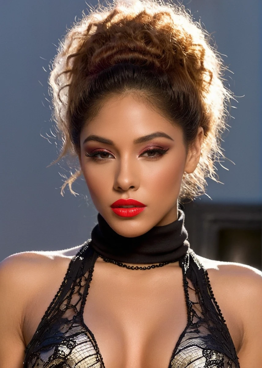 half body of A captivating masterpiece of an woman, (((dressed in a turtleneck Blouse))), The intricate lace and gold details exude a very rebellious aura. ((A bold and daring makeup look featuring ombre lips that transition from a deep, dark red at the center to a glossy black at the outer edges. The lips are expertly lined and filled in with precision, creating a gradient effect that is both edgy and sophisticated)). ((The use of high-shine gloss adds a touch of glamour and dimension to the look)), ((while the deep red and black hues give it a dramatic, vampy vibe)), The background is a dark old manor room with fireplace only giving light to room, architecture creating a exigent atmosphere., low-key photography:1.3, one rim side light, narrow lighting,, only one light source, facing camera, shallow depth of field, <lora:MS_NajaIrie_SDXL:0.8>